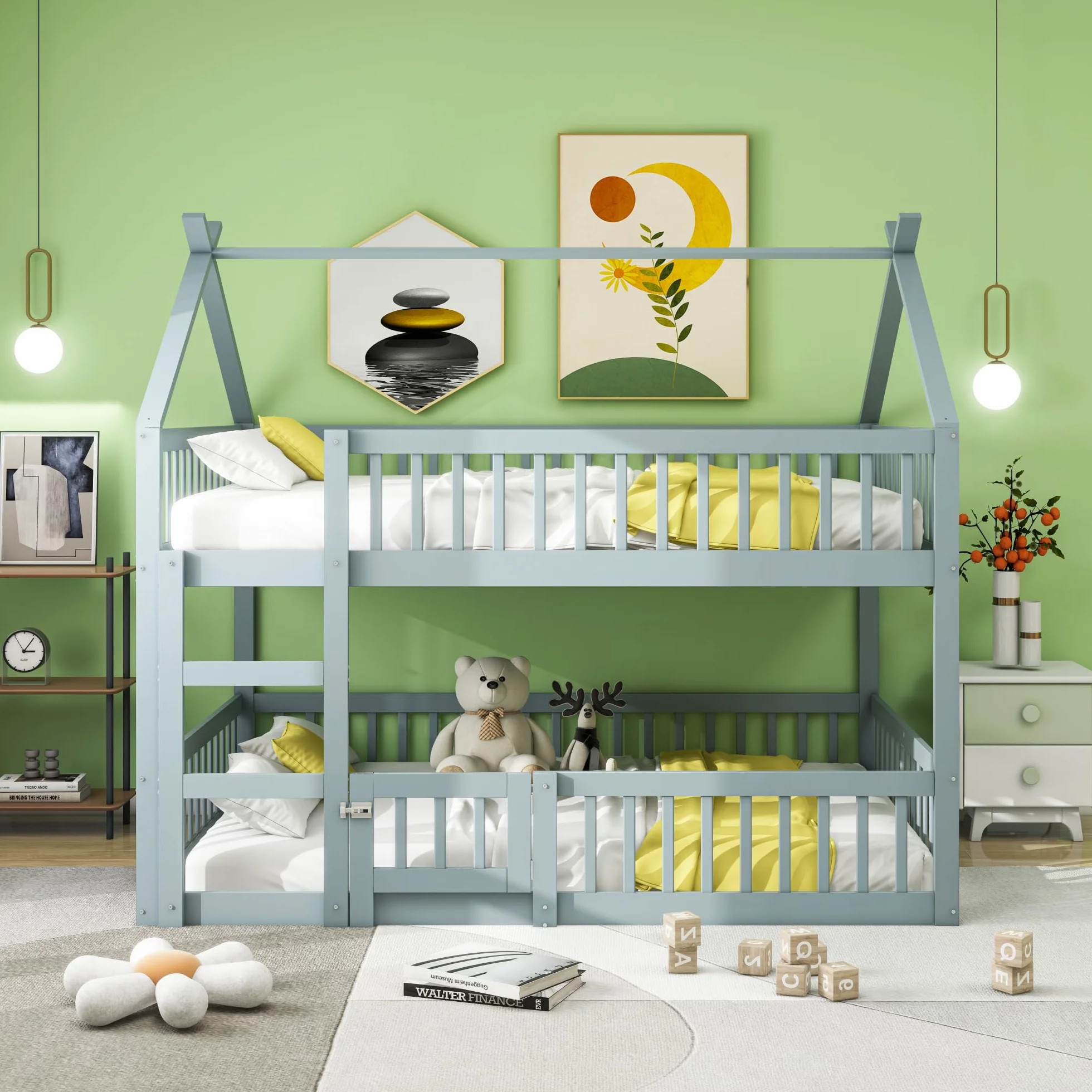 Dziecięce łóżko piętrowe 140 x 200, rodzinne łóżko dziecięce, ze schodami, styl loft, rama łóżka piętrowego z litego drewna, kolor szary