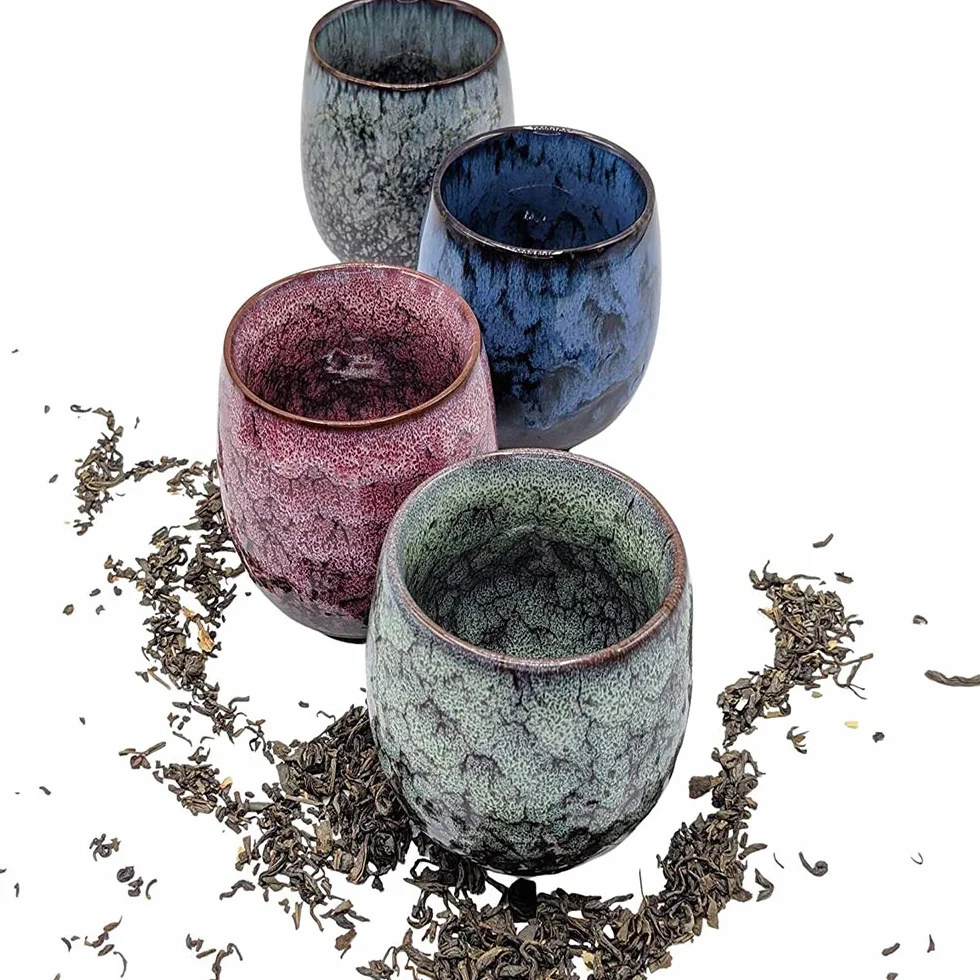 Japoński kubek do herbaty, zestaw ceramicznych filiżanek do herbaty, zestaw 4 ręcznie robionych filiżanek, wielokolorowe, emaliowane flambed, prezenty