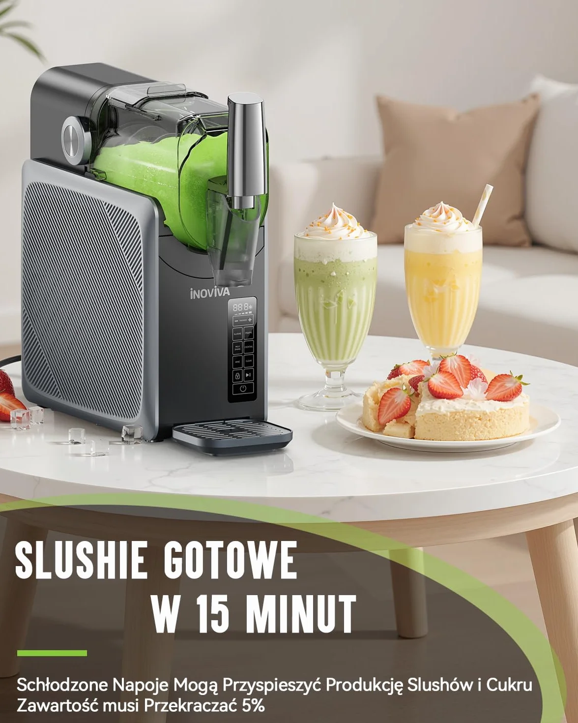 INOVIVA Slushie Machine, 2 l, No Ice Needed, samoczyszcząca, 5 wstępnie ustawionych programów, mrożone lody kruszone, margarity, frappé i koktajle mleczne (wersja S1.2)