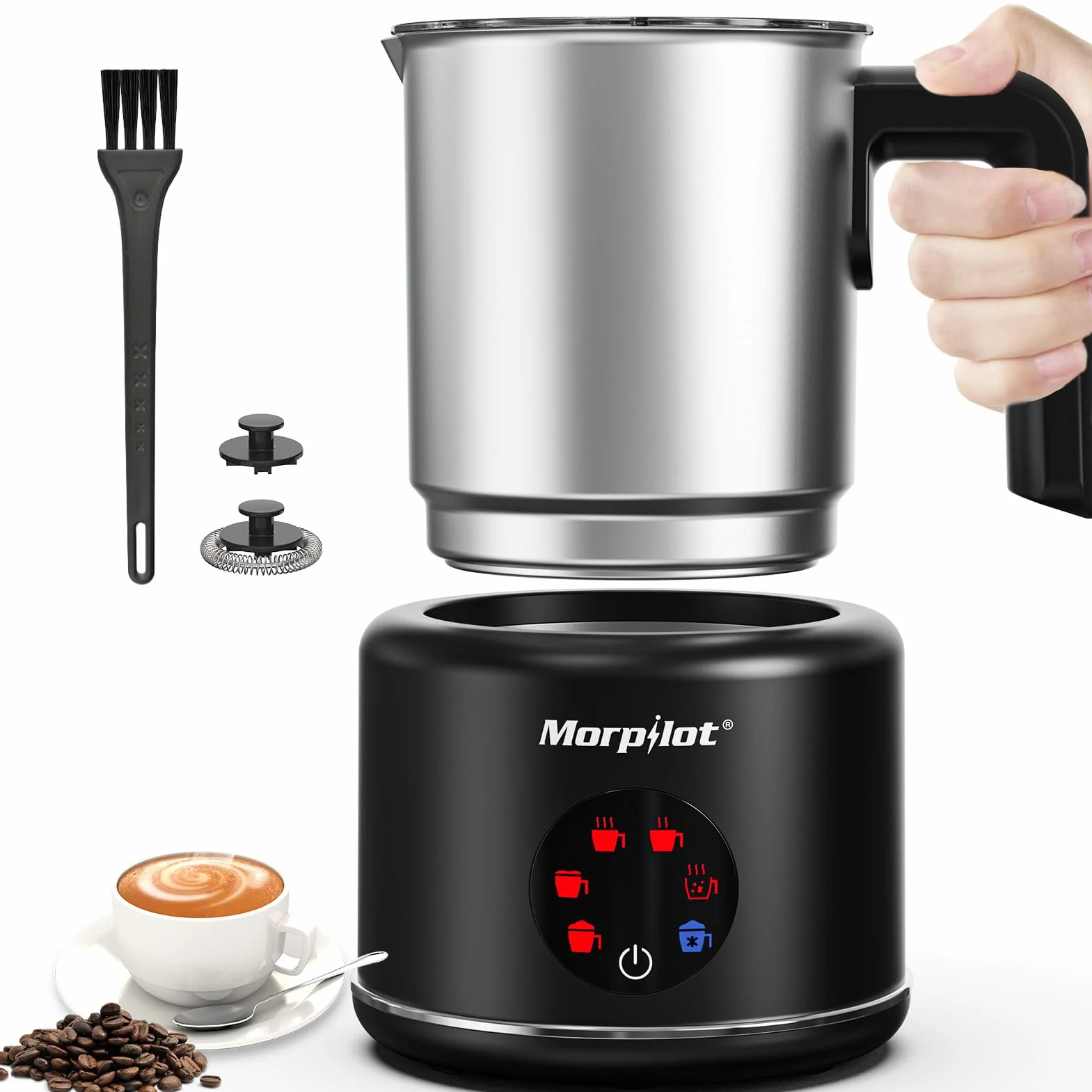 Elektryczny spieniacz do mleka, morpilot Milk Frother ze stali nierdzewnej, funkcja 6 w 1, pojemność 250 ml Cappuccino lub 500 ml ciepłe mleko, rozdzielony, czarny