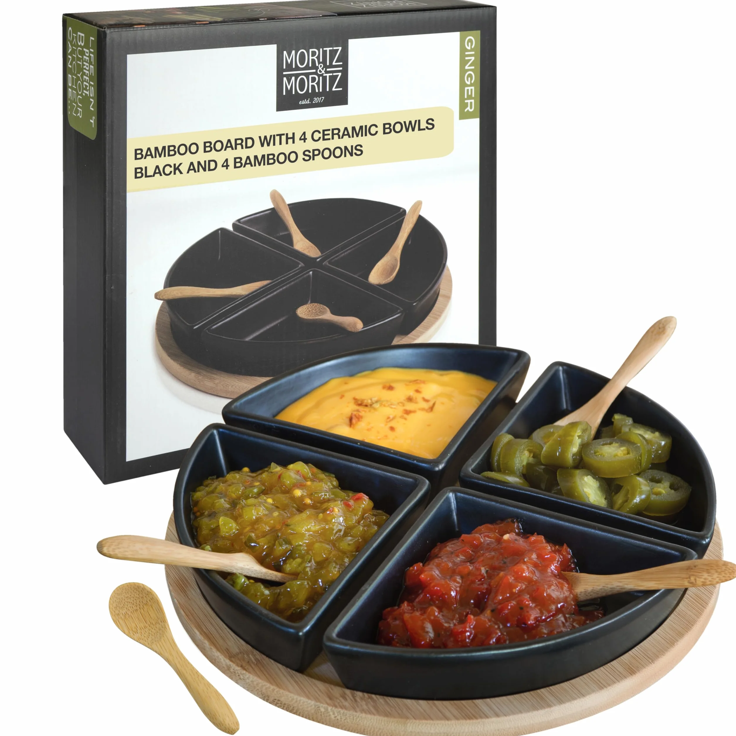 Moritz & Moritz Półmisek do serwowania z miseczkami Antipasti 22 cm – bambusowa taca do serwowania z ceramiczną miską, łyżka bambusowa – zestaw miseczek na przystawki, dipy i przekąski