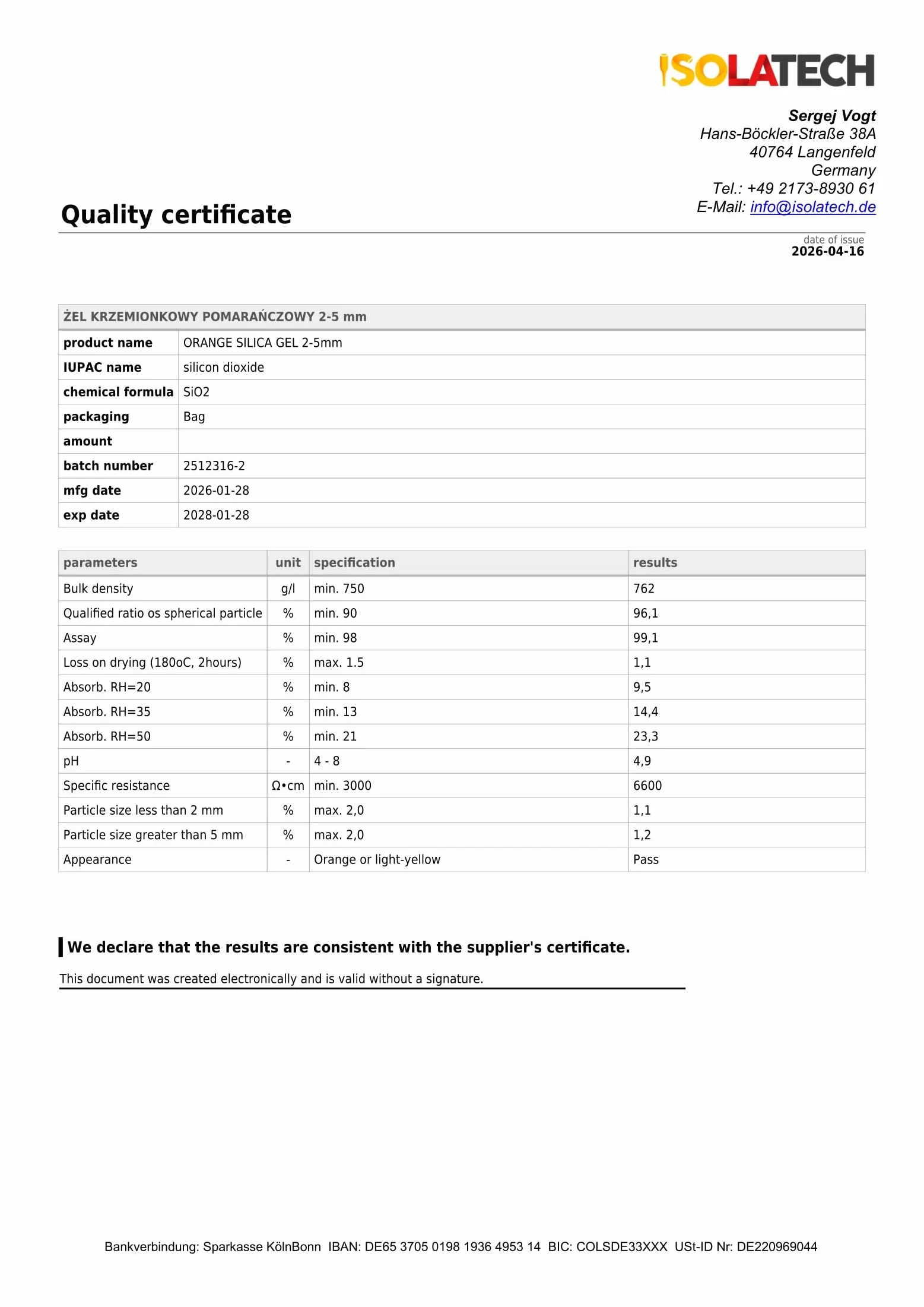 ISOLATECH Silica Gel, regenerujący środek osuszający, Żel krzemionkowy, pomarańczowy, worek 0,5 kg, Silicagel osuszacz, Nadaje się jako suszarka do filamentu