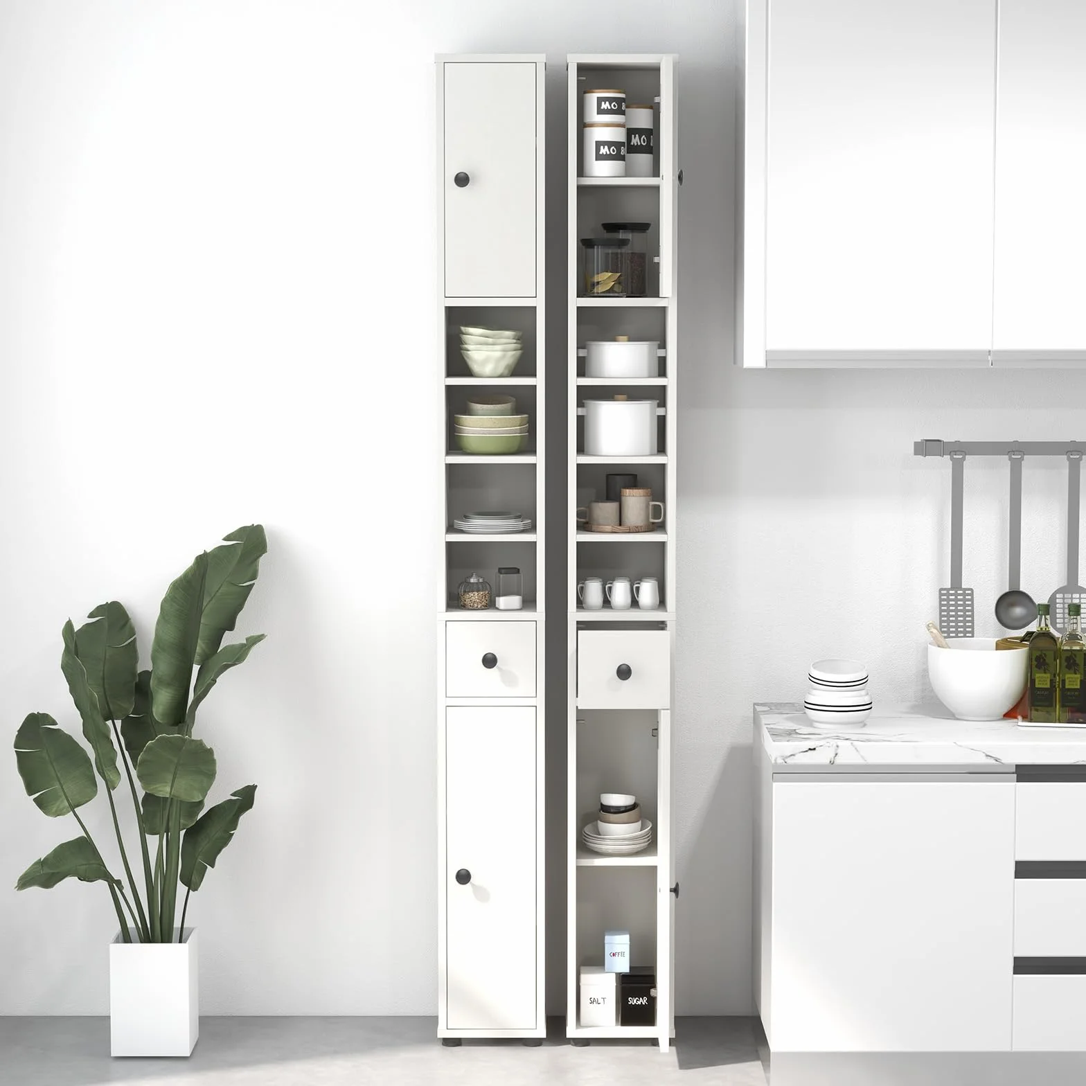 COSTWAY Wąska szafka łazienkowa 2 drzwi 1 szuflada regulowane półki 20x20x180 cm biała