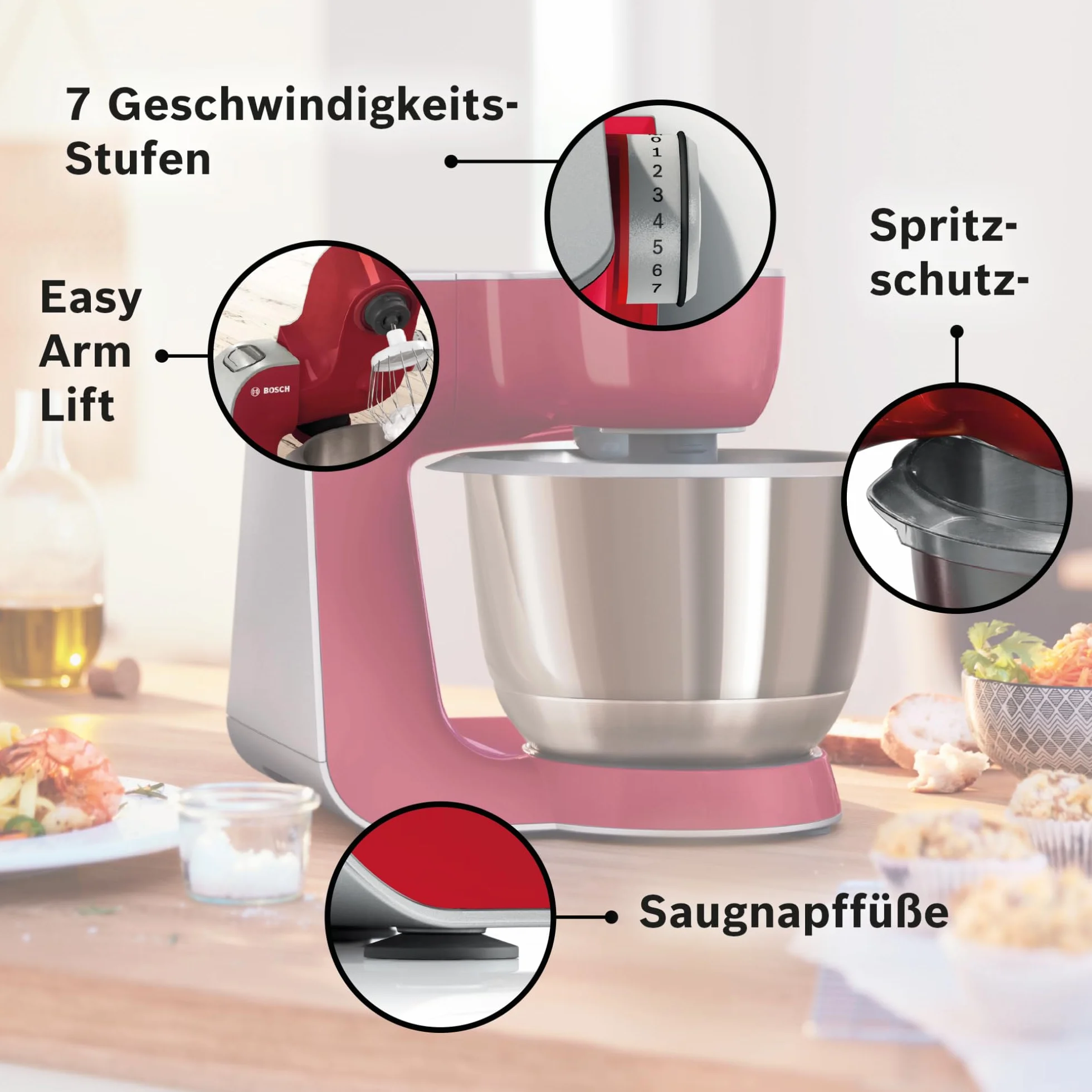 Bosch MUM5 wielofunkcyjny robot kuchenny, 1000W, maszynka do krojenia i ubijania, mikser planetarny, hak do ciasta, rozdrabniacz do owoców i warzyw, misa 3,9l, kolor czerwony, srebrny, MUM58720