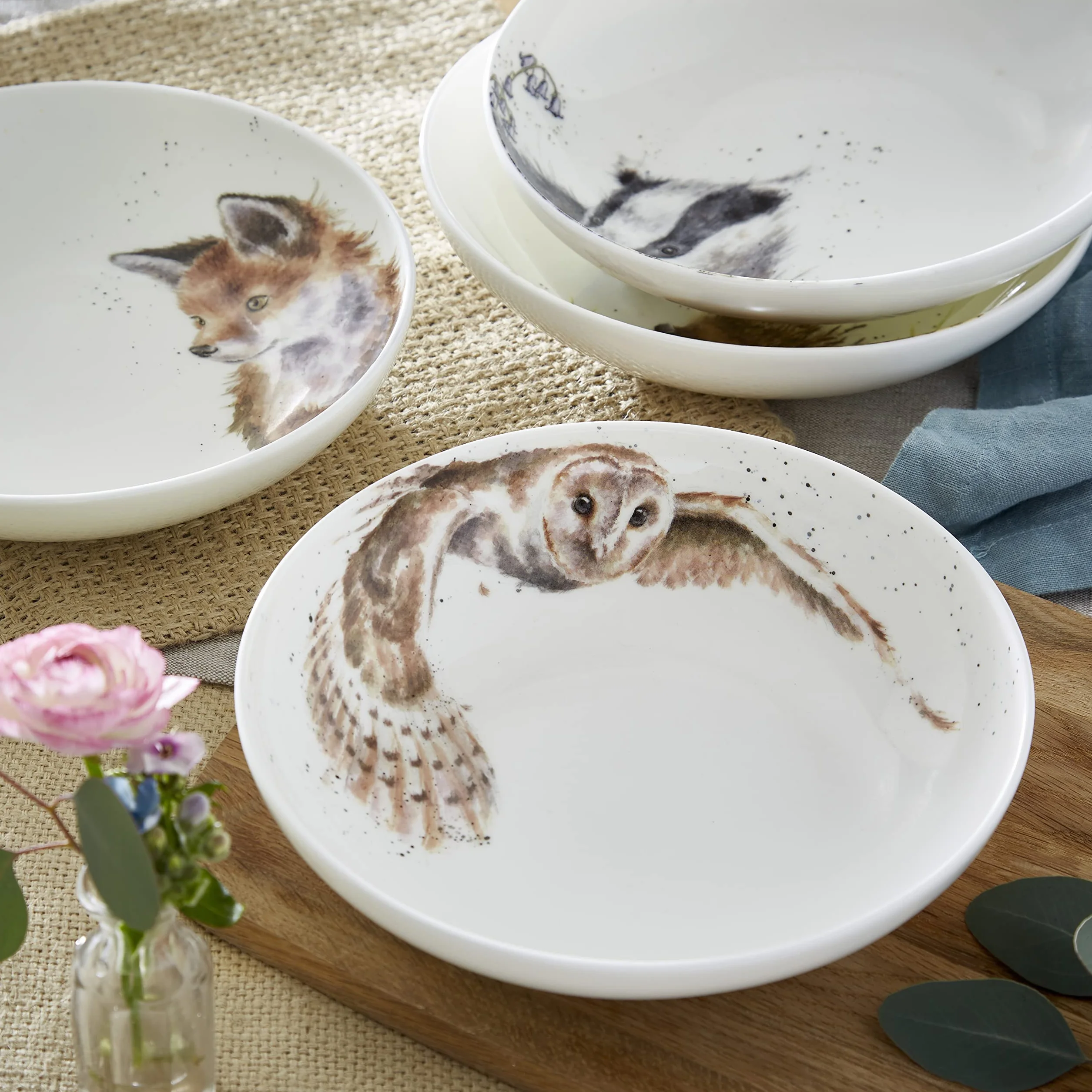 Wrendale Designs Royal Worcester ceramiczna miska do makaronu, jeż, borsuk, lis i sowa, zestaw 4 szt