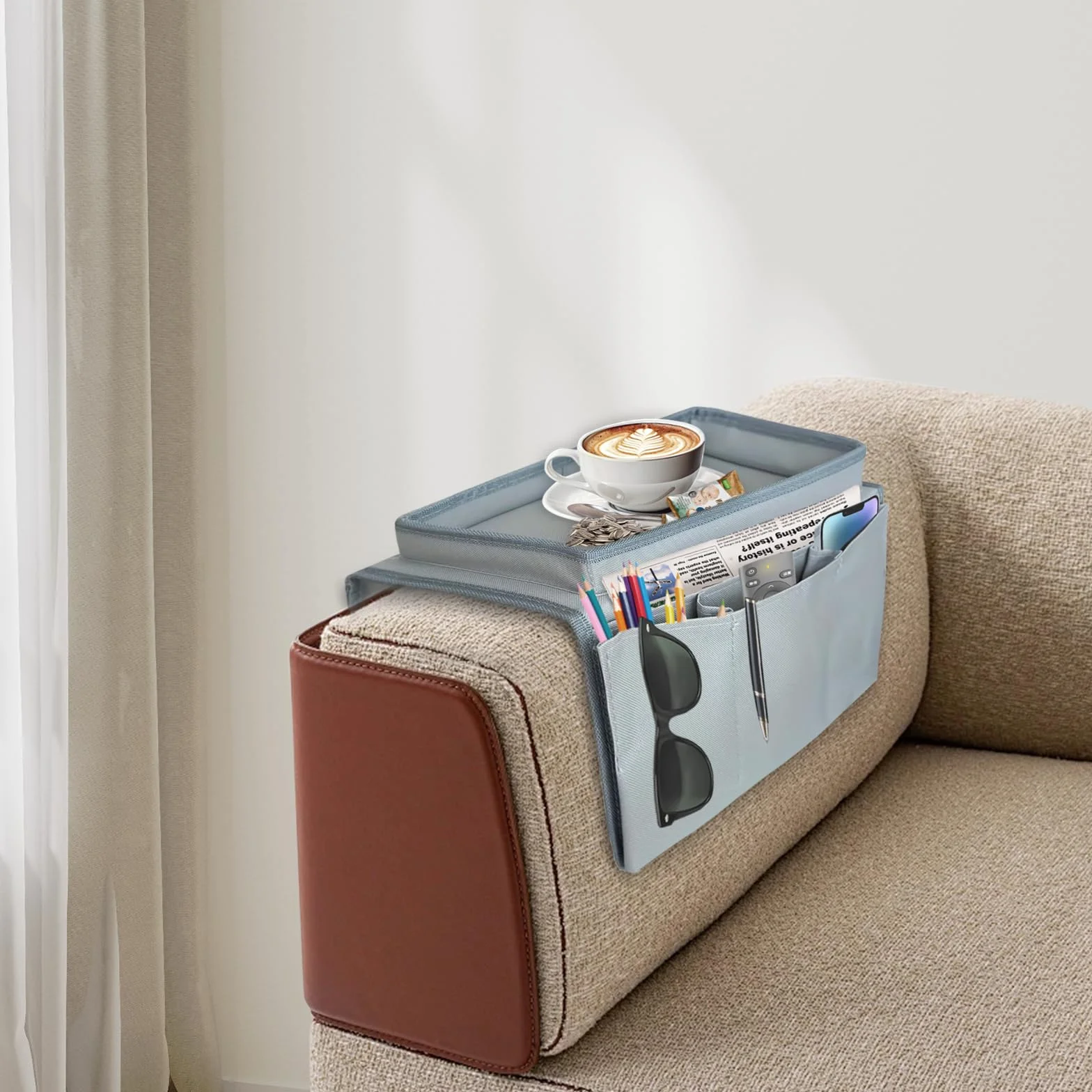 Podłokietnik Sofa, Podłokietnik Kanapa, Oxford Tkaniny Kontrolery Sofa do Książek, Czasopism, Telefonów Komórkowych, Piloty, Przekąski, Okulary, Napoje, Chusteczki (Szary)