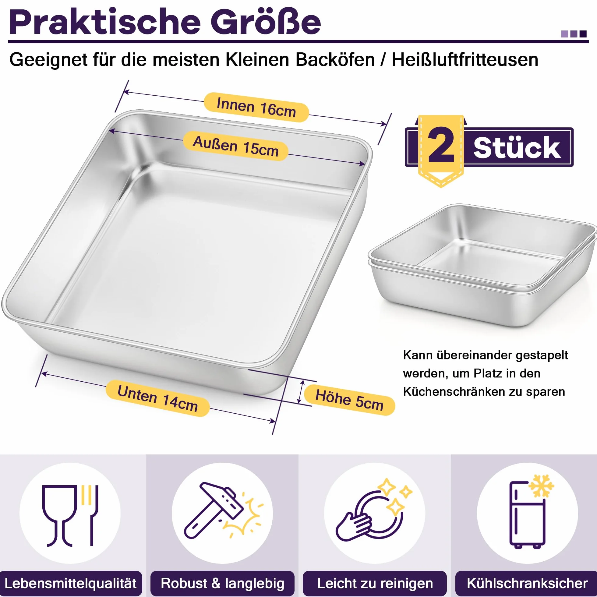 HaWare Kwadratowa forma do ciasta ze stali nierdzewnej (2, 15 cm)