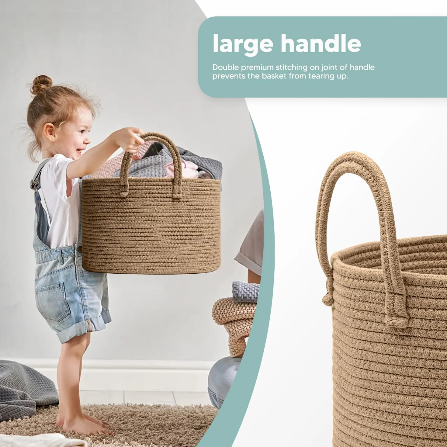 Kosz na Koc Bawełniany 32L Kosz na Pranie z Liny Bawełnianej D40 x H25 CM Tkany Kosz na Pranie z uchwytem Kosz do Przechowywania do Przechowywania Prezentów lub Dekoracyjnych(Juta)