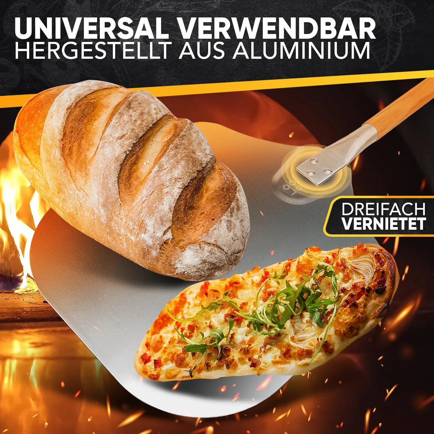LOCO BIRD Łopatka do pizzy z dużą powierzchnią i zdejmowanym uchwytem – 30,5 cm x 30,5 cm łopatka do pizzy aluminiowa – w zestawie książka z przepisami