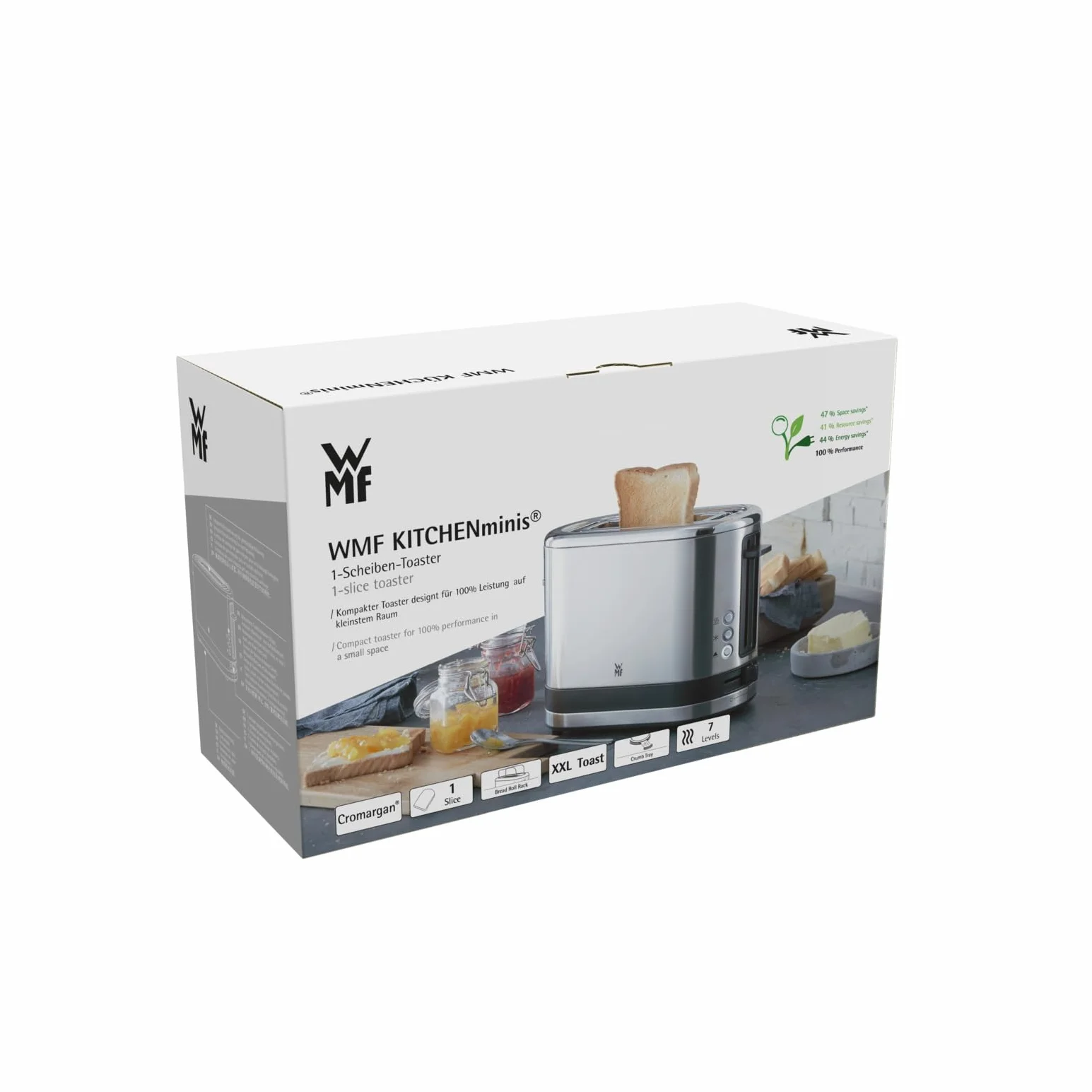 WMF Küchenminis toster na 1 kromki, długa szczelina, XXL-Tost, nakładka na bułki, 7 stopni opiekania, zabezpieczenie przed przegrzaniem, 600 W, stal nierdzewna, matowa