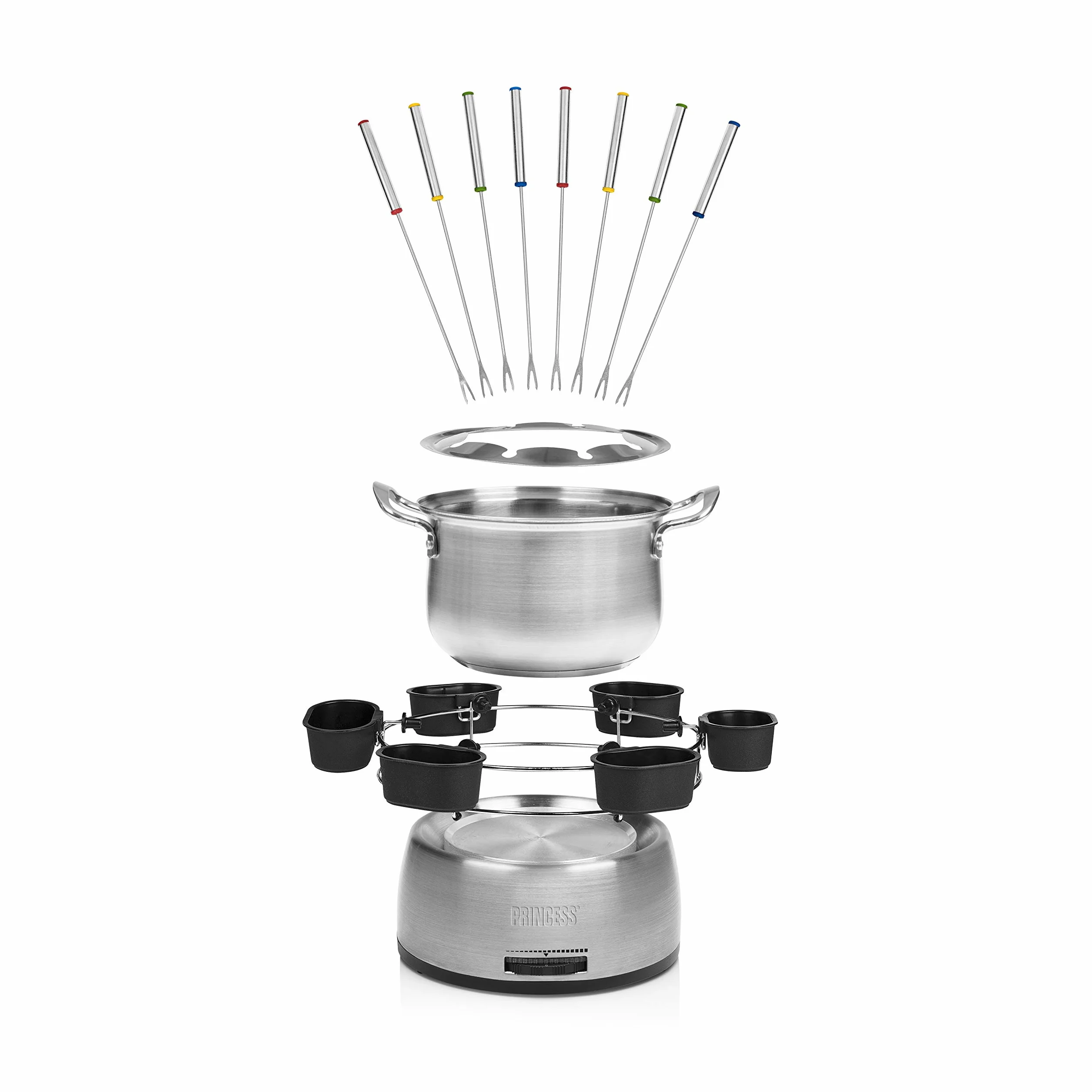 Princess Family Zestaw Do Fondue 800 W 1,2 L Stal Nierdzewna Termostat Podwójne Dno 8 Widelczyków 6 Miseczek Srebrny