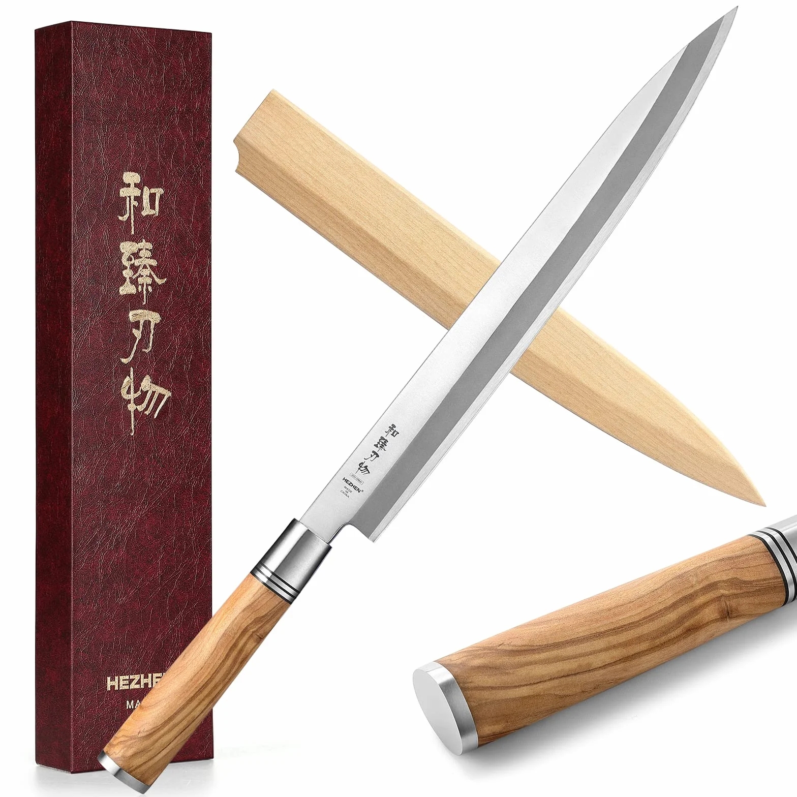 HEZHEN Nóż Sashimi 300 mm, kuta stal nóż do sushi Yanagiba, drewniany uchwyt, walizka na noże