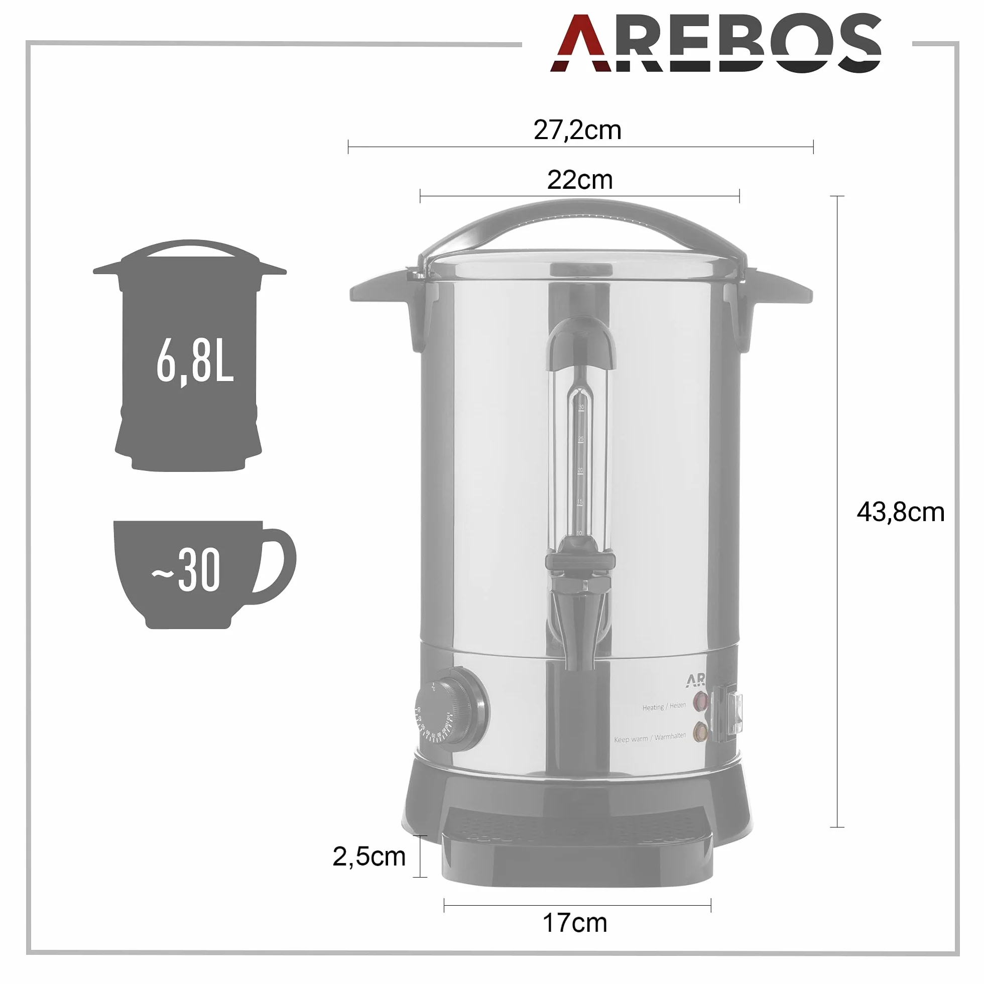 Arebos Dozownik gorących napojów 950W Bojler 6,8L 30 filiżanek Czajnik do gorącego wina ze stali nierdzewnej Podgrzewacz do kawy herbaty Termostat Regulacja temperatury 30-110°C