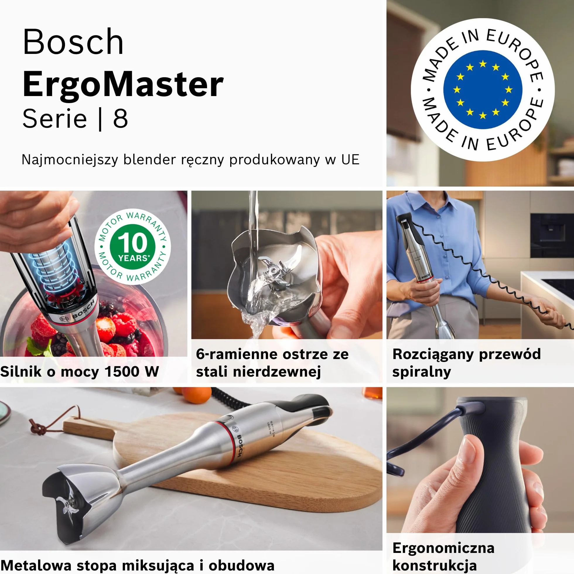 Bosch, blender ręczny, ErgoMaster Serie 8, silnik 1500 W, intuicyjna regulacja prędkości, 6-ramienne ostrze, akcesoria w zestawie, stal nierdzewna, MSM8M934