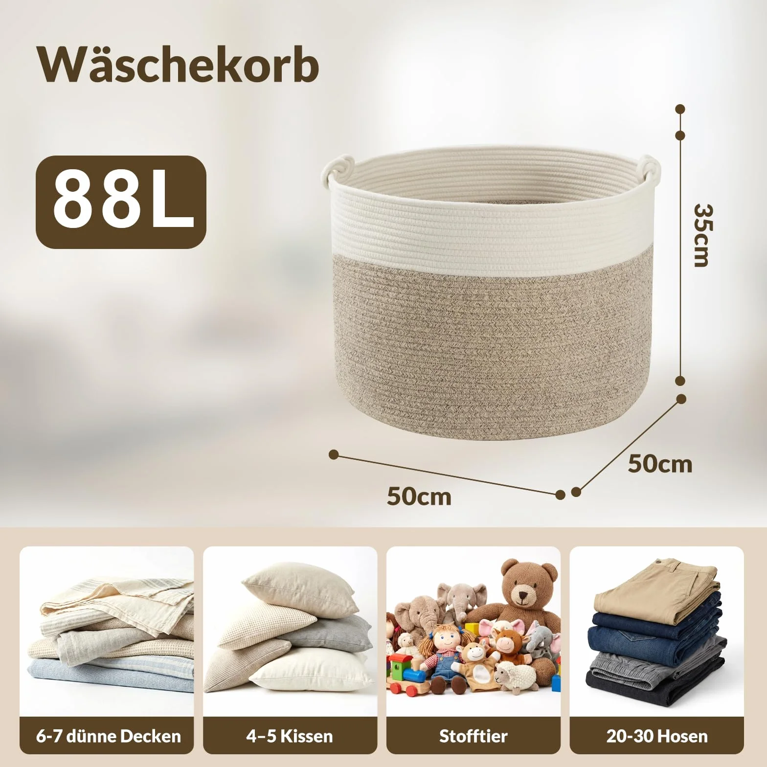 COSYLAND Okrągły kosz na bieliznę 88 l z liny bawełnianej, duży z uchwytami, 56 x 36 cm, biały i khaki