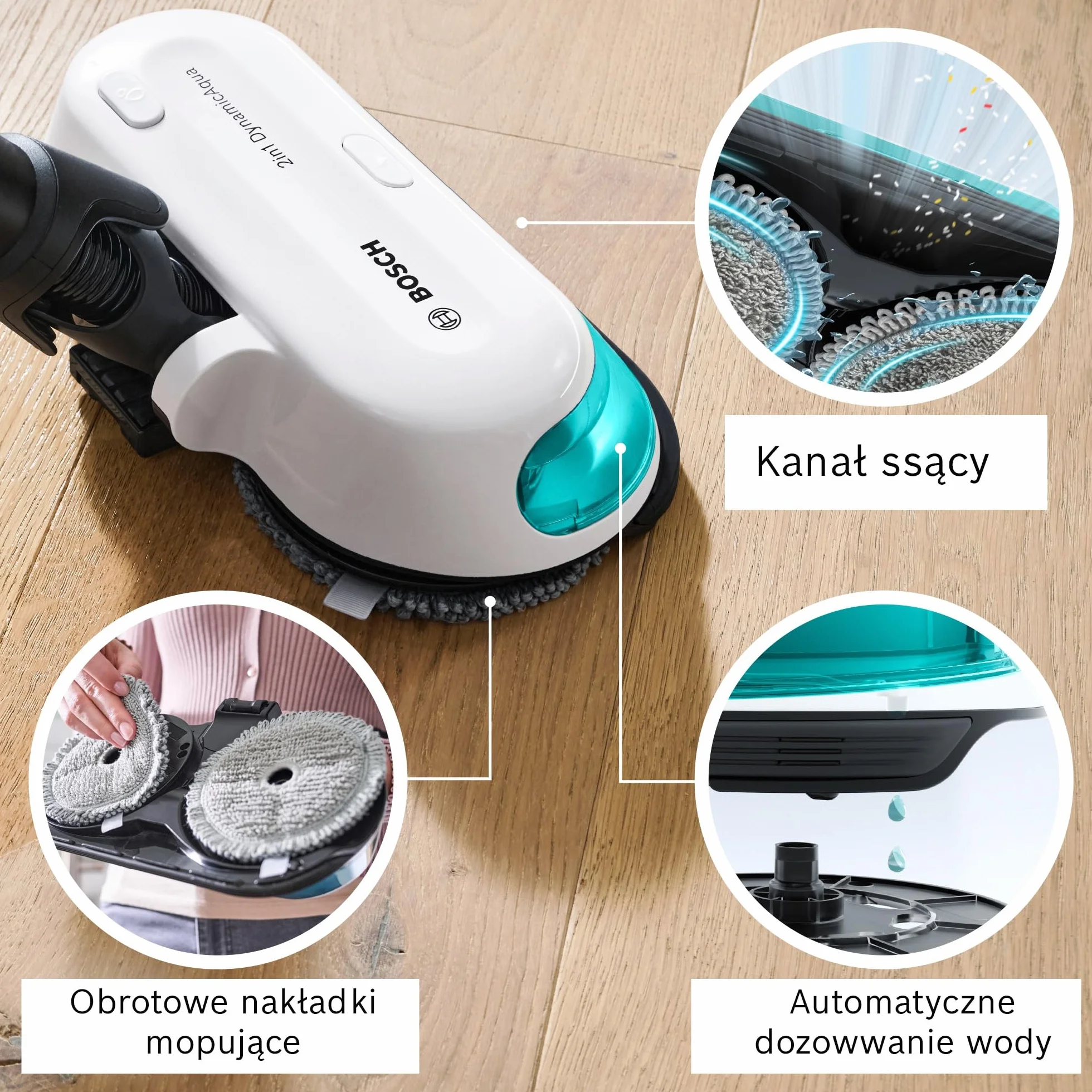 Bosch Unlimited 7 ProHygienic Aqua, Odkurzacz Bezprzewodowy 2w1 z Funkcją Mycia, DynamicAqua Mop, Elektroszczotka do Wszystkich Podłóg, Kolor Biały, BCS71HYG2