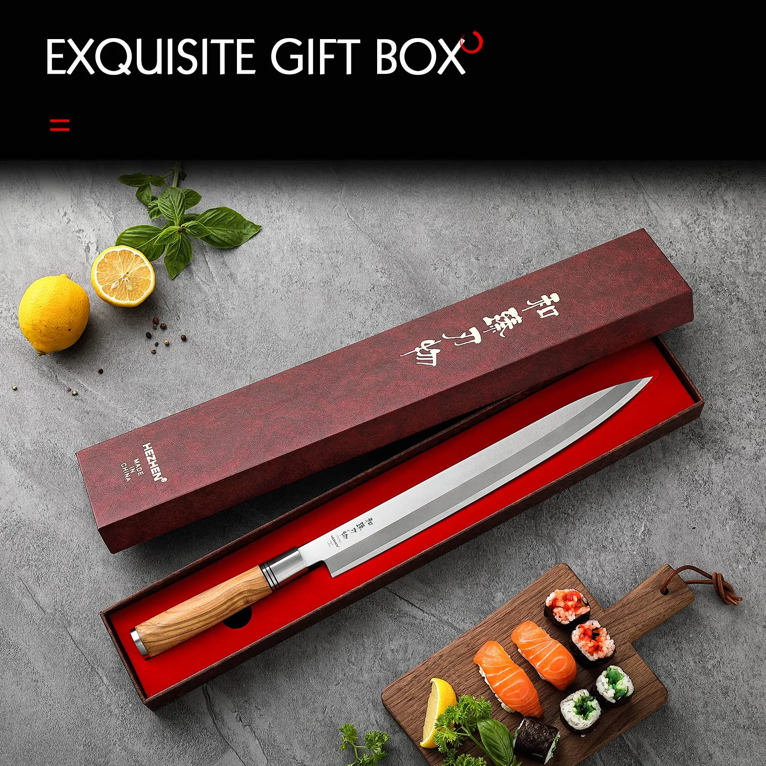 HEZHEN Nóż Sashimi 300 mm, kuta stal nóż do sushi Yanagiba, drewniany uchwyt, walizka na noże