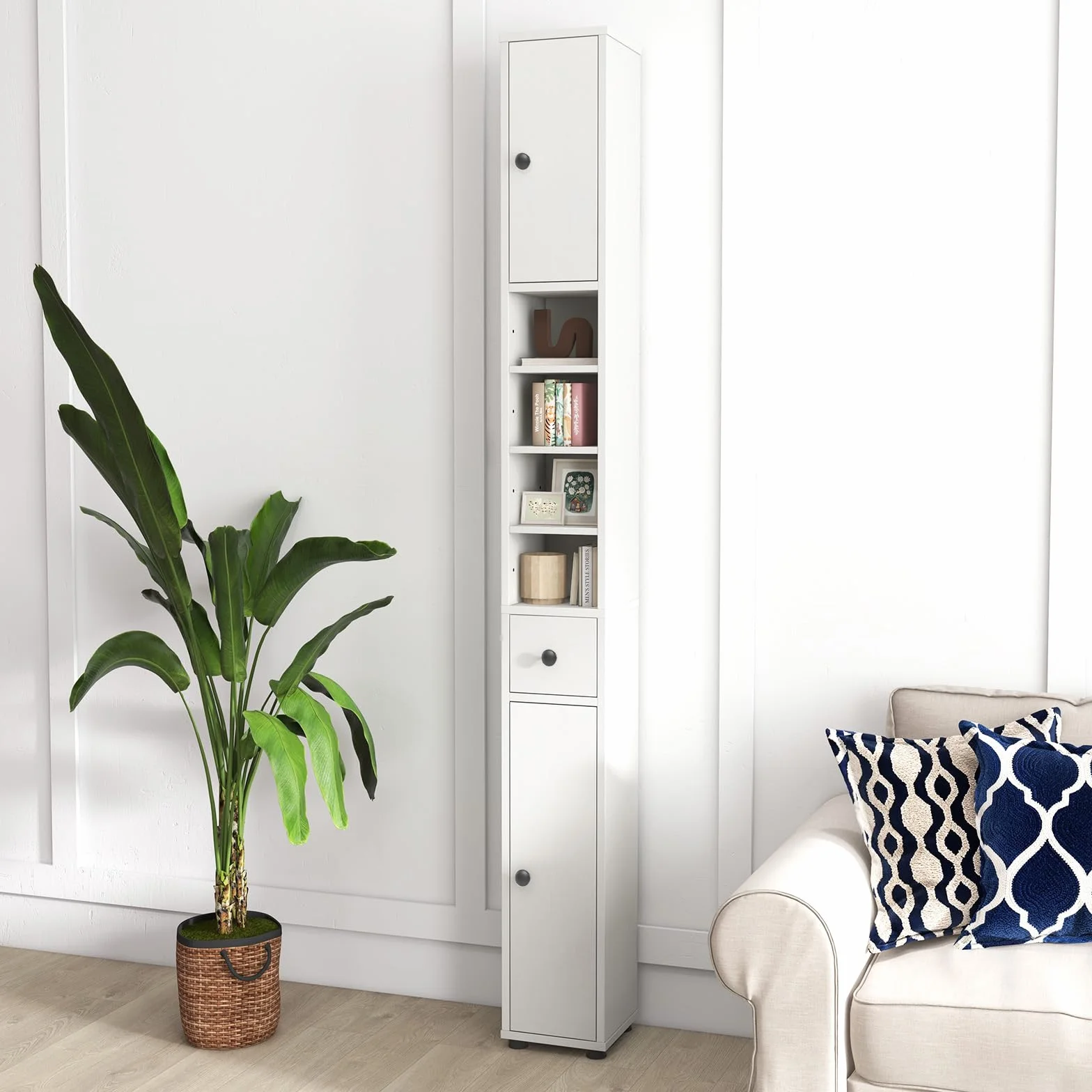 COSTWAY Wąska szafka łazienkowa 2 drzwi 1 szuflada regulowane półki 20x20x180 cm biała