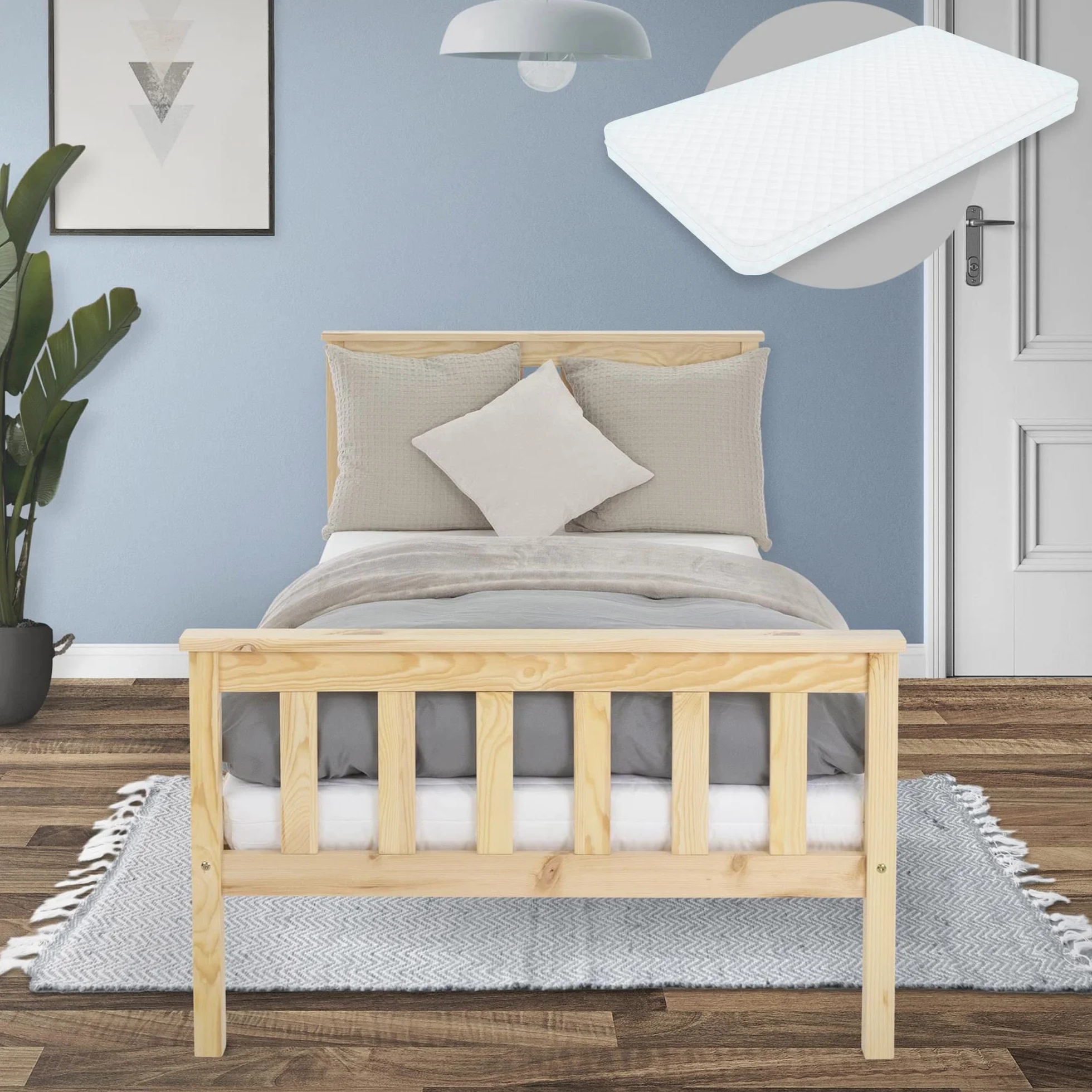 Łóżko drewniane ML-Design 90x200 cm Natural z materacem H:16cm, drewno sosnowe, lite drewno z listwową ramą i nogami, pojedyncze z wezgłowiem i podnóżkiem