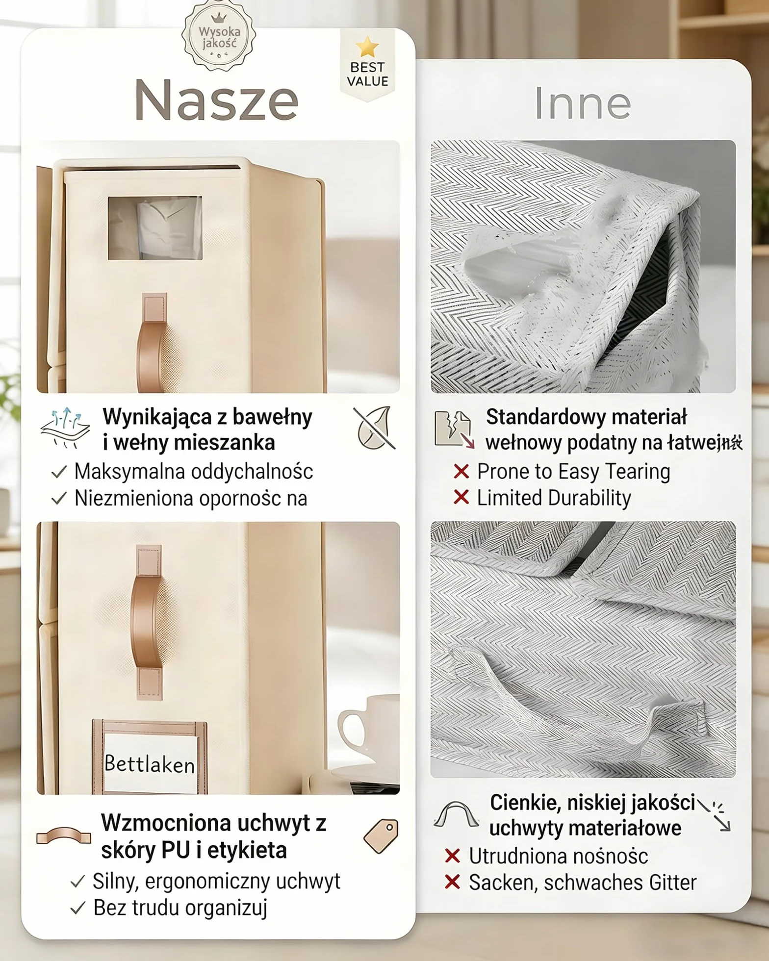 SwartLife Składany Organizer na Pościel i Prześcieradła z Okienkiem i Etykietą - Oddychające Pudełko na Kołdry Ręczniki - Kremowy Beżowy