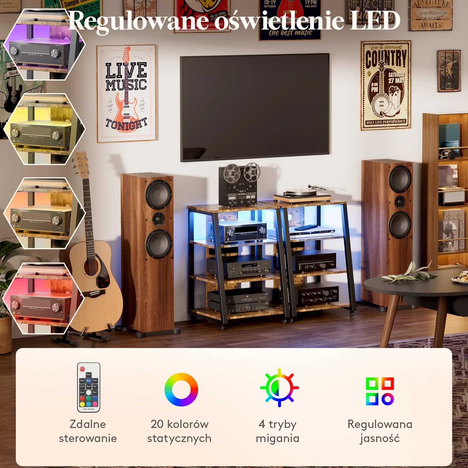 Lifewit 4-Poziomowy Stojak Multimedialny AV z gniazdami, Półkami Stereo z Oświetleniem LED, Kółkami i Regulowanymi Gramofony, Rolowana Konsola Szafka wieżę Multimedialną, Brązowy Rustykalny