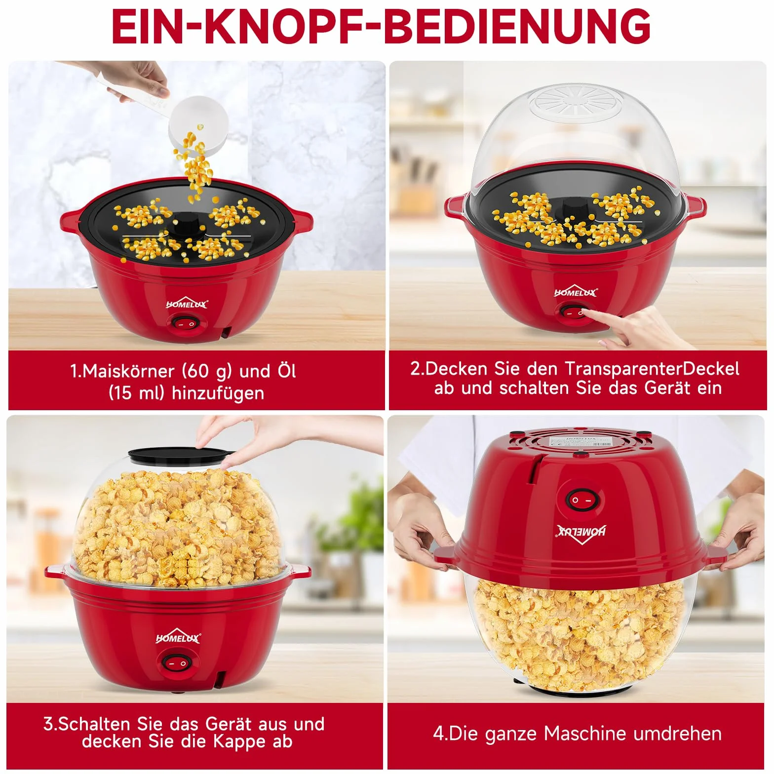 HOMELUX Maszyna do popcornu 450 W, z miarką z powłoką zapobiegającą przywieraniu, do domu, na imprezę, dla dzieci, pokrywka jako miska do serwowania, cicha i szybka czerwień