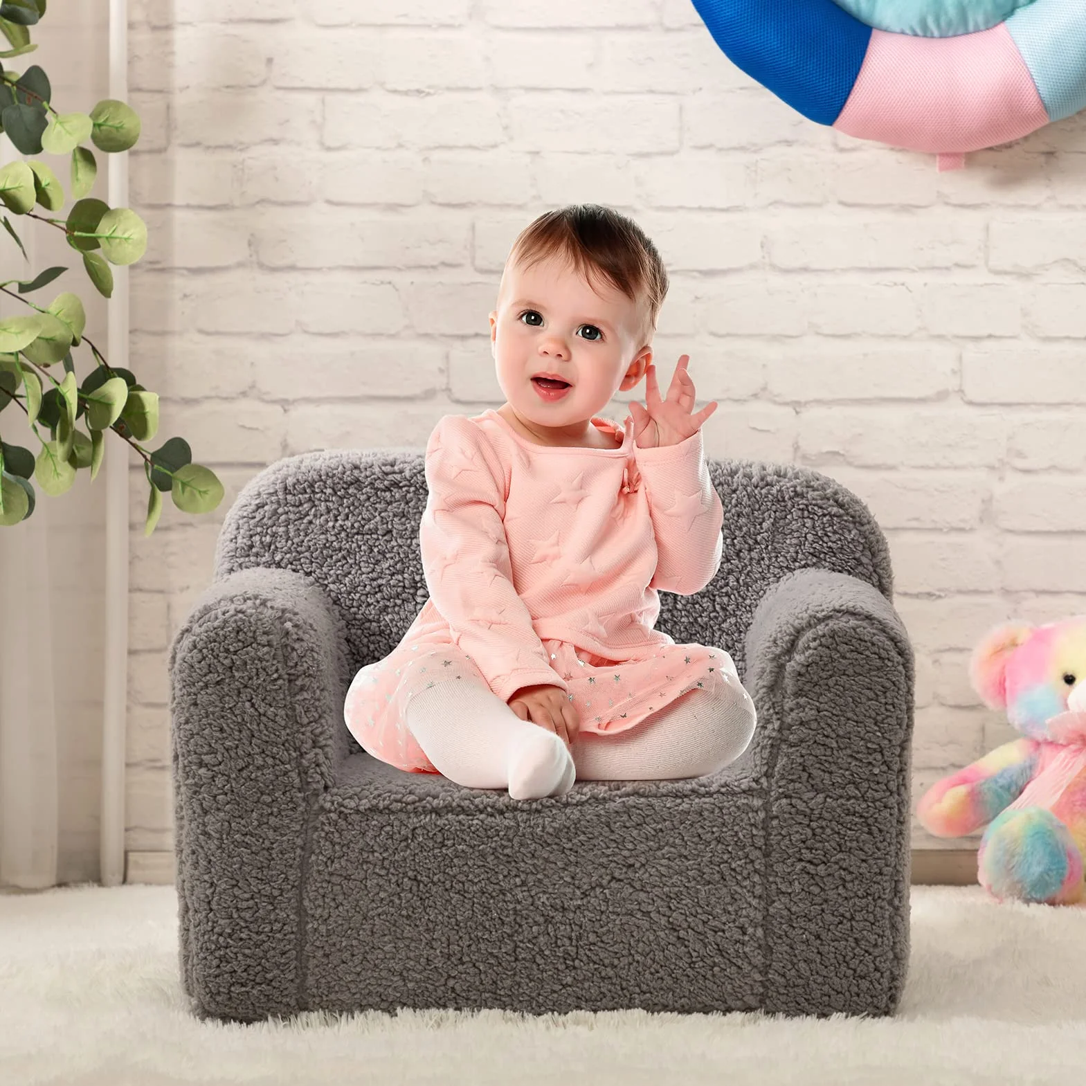 BEJOY Sofa dziecięca – ultra miękki fotel dziecięcy wypełniony pianką, przytulna kanapa do czytania Sherpa dla dziewcząt i chłopców, kolor szary