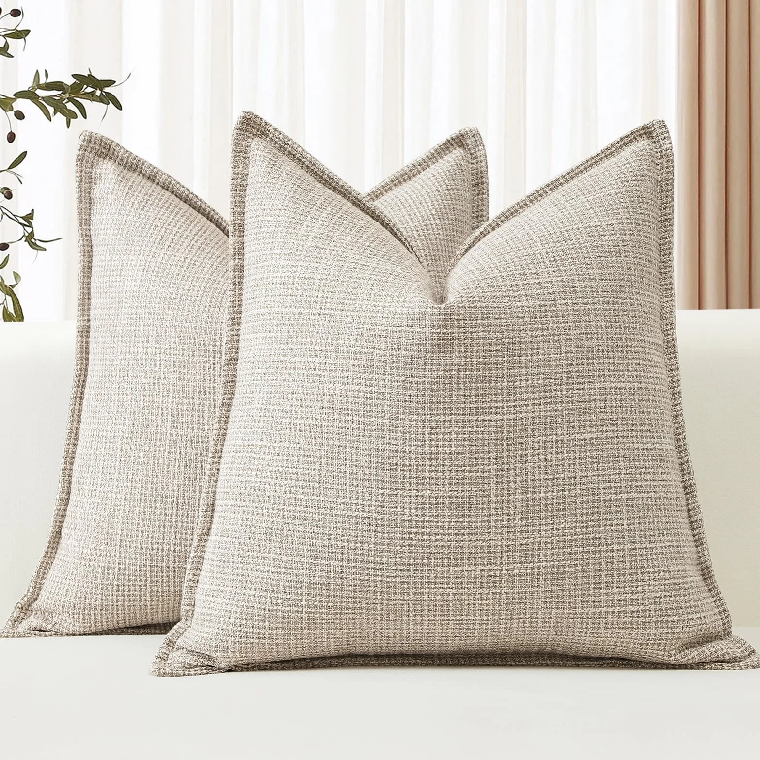 Artscope Zestaw 2 głębokich beżowych dekoracyjnych poszewek na poduszki 45 x 45 cm, miękkie, lniane, na kanapę, do domu wiejskiego, elegancki design, na sofę, do sypialni, salonu, dekoracja domu, 45 x