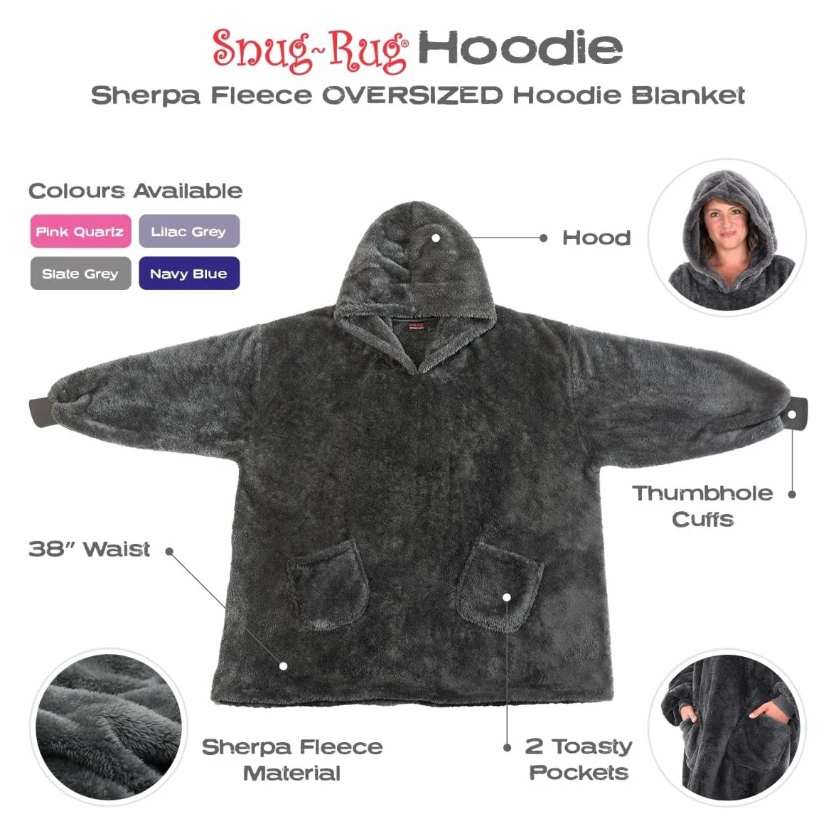 Snug Rug Szara kocobluza z kapturem, koc z rękawami, sztuczny kożuszek, dla dorosłych, sweter z kapturem, miękki, wygodny, bardzo duży koc z rękawami