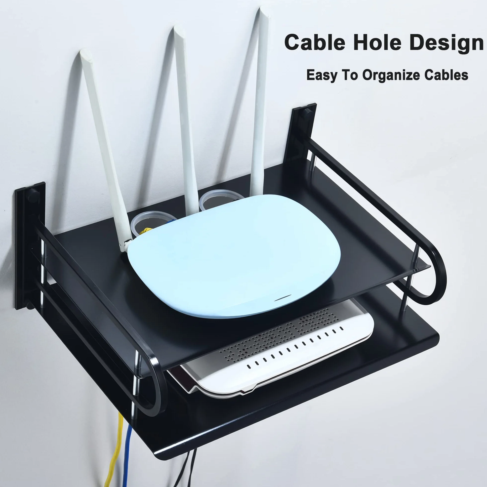 Regał ścienny na router i kable, uchwyt multimedialny stojak do odbiorników AV, 2 warstwy