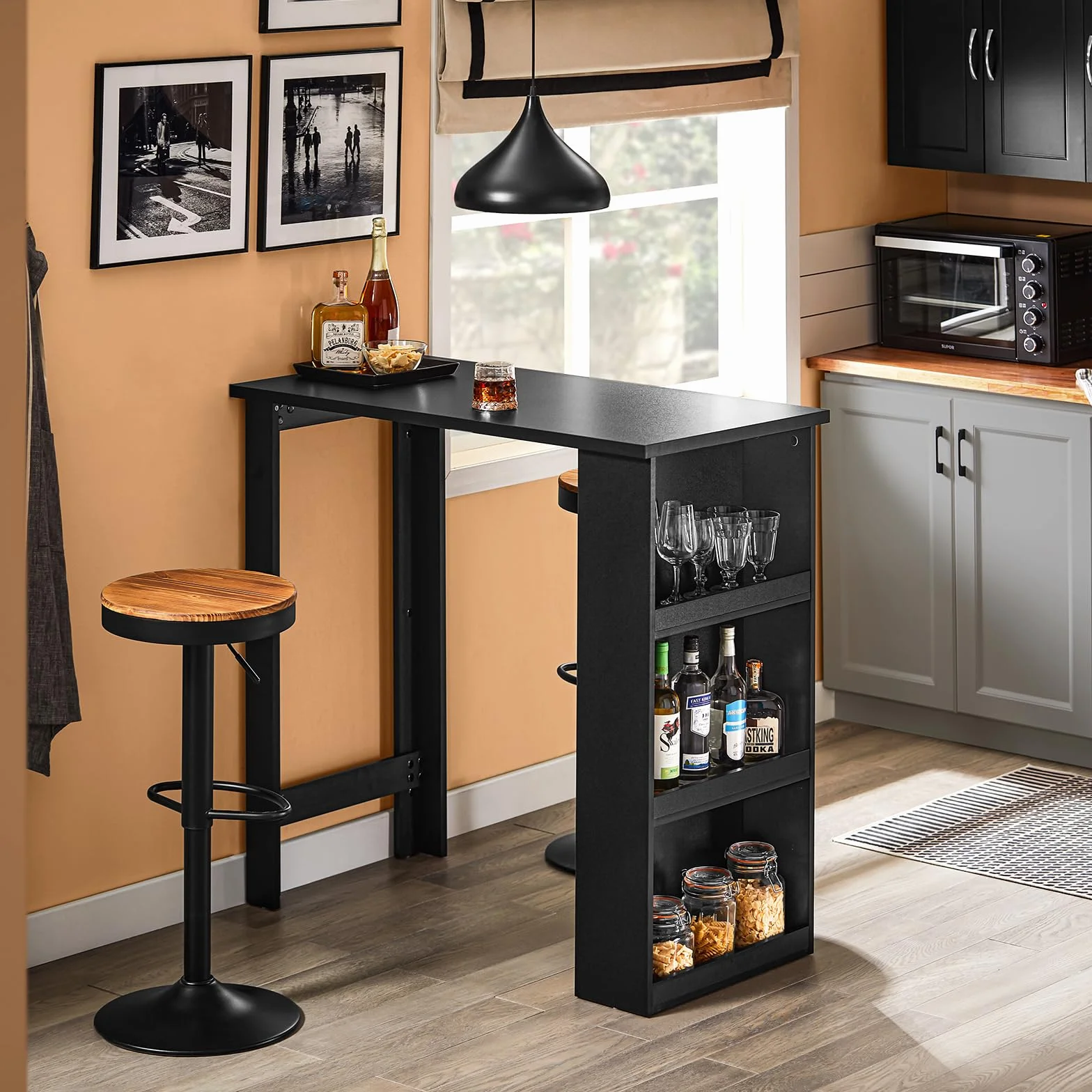 SoBuy Wysoki Stół Kuchenny, Nowoczesny Stół Barowy z Półkami, Oszczędzający Miejsce Design do Małych Kuchni, Salonu, Kącika Barowego lub Gabinetu, Czarny, 112 x 57 x 106 cm FWT17-II-SCH
