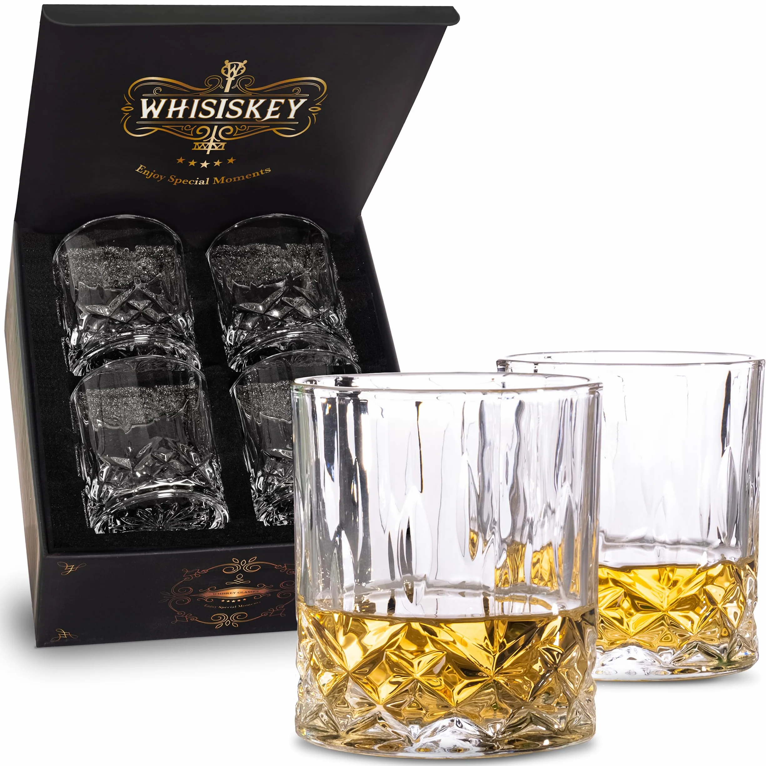 WHISISKEY Zestaw Szklanki do Whisky - Zestaw Prezentowy Whisky - Szklanek do Whiskey - Prezenty dla Mężczyzn - Pudełko Prezentowe, 4 Szklanki na Whisky 310ML, Akcesoria