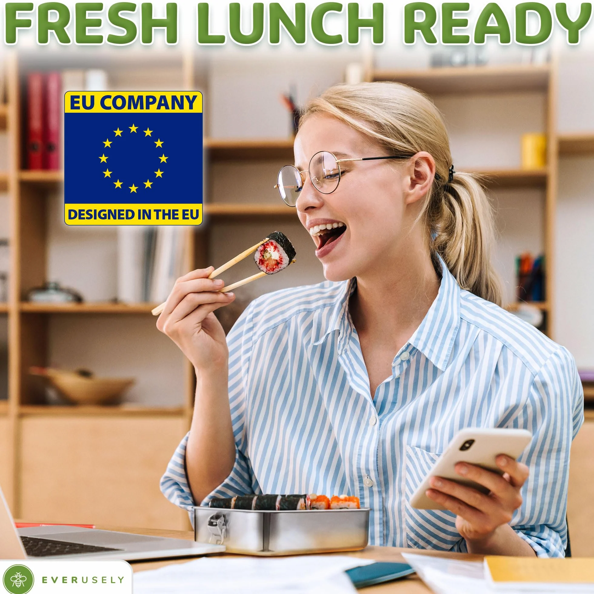 Everusely - Bento Box - Stainless Steel Lunch Box for Adults - 1.4 L - 5 Compartment Snack Container + Removable Silicone Seal + Secure Lock Clip