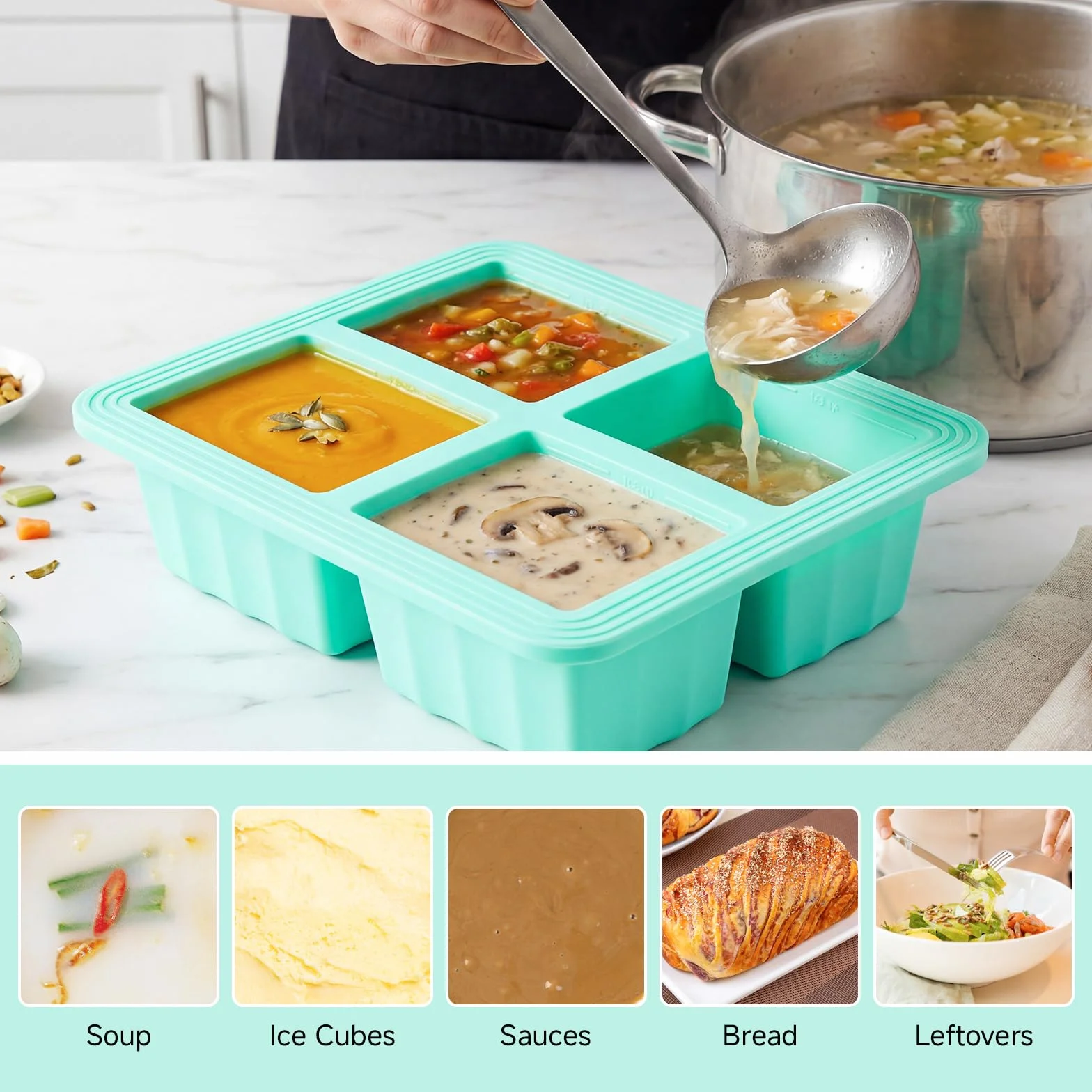 Souper Cubes zestaw 2 pojemników do zamrażania zupy, silikonowych, z pokrywką, nie zawiera BPA, do zamrażarki, do zupy, zamrażarki, kostek lodu do bulionu, sosu, lodów (zielony, 250 ml)