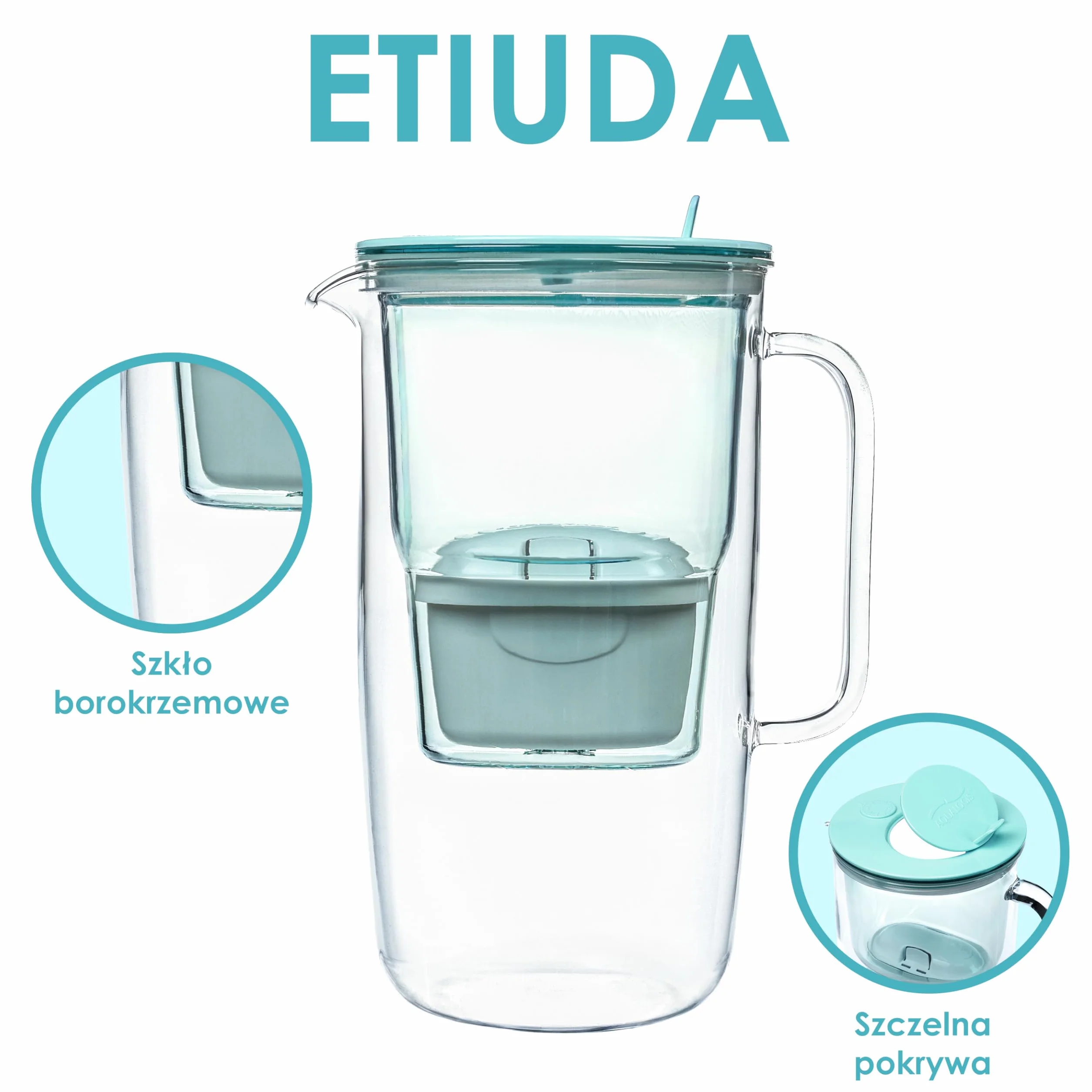 Aqualogis Etiuda 2.9L | Premium Szklany Dzbanek Filtrujący Wodę | z 1 Wkładem Pure+ | Jasno Niebieski | Redukuje nieprzyjemny zapach i smak