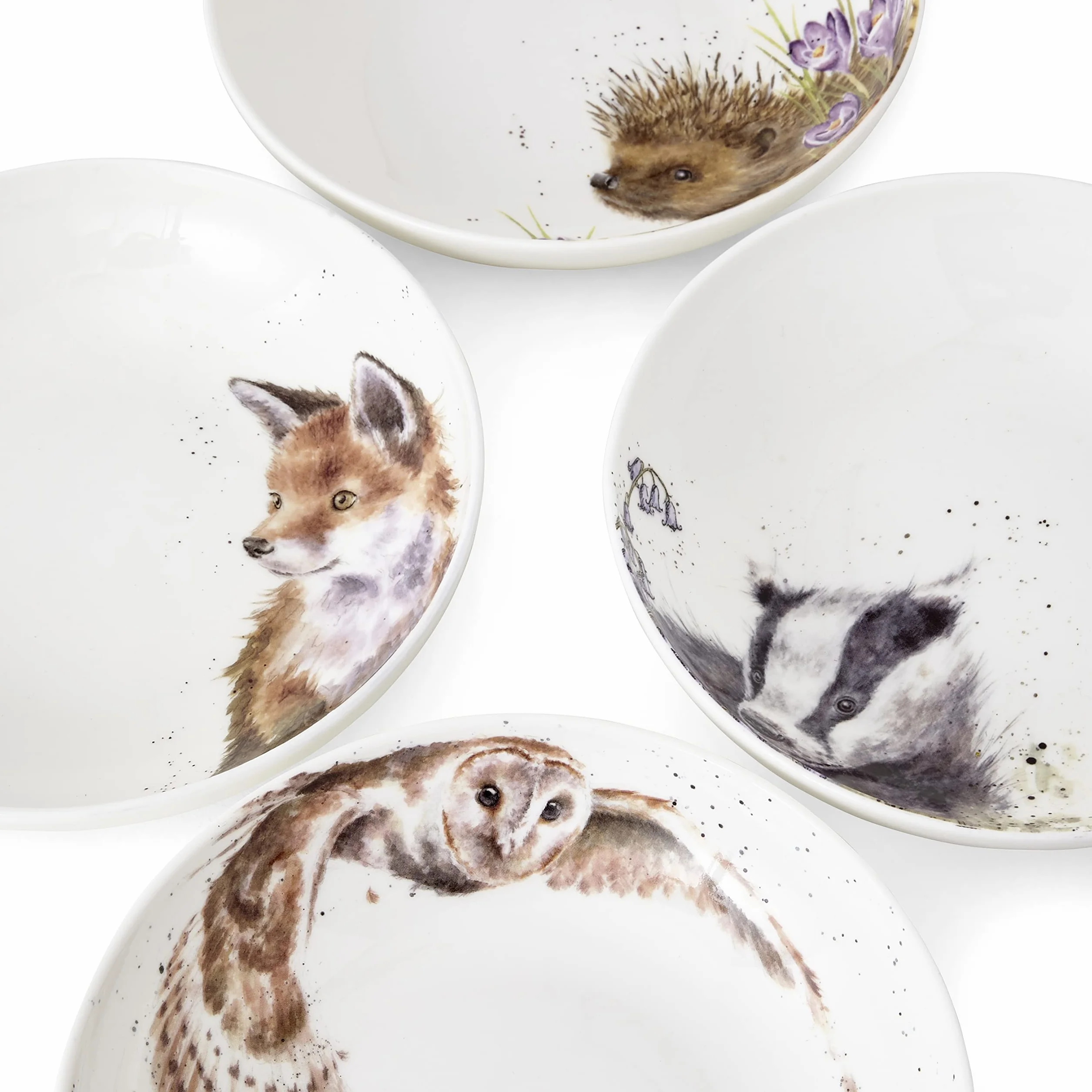 Wrendale Designs Royal Worcester ceramiczna miska do makaronu, jeż, borsuk, lis i sowa, zestaw 4 szt