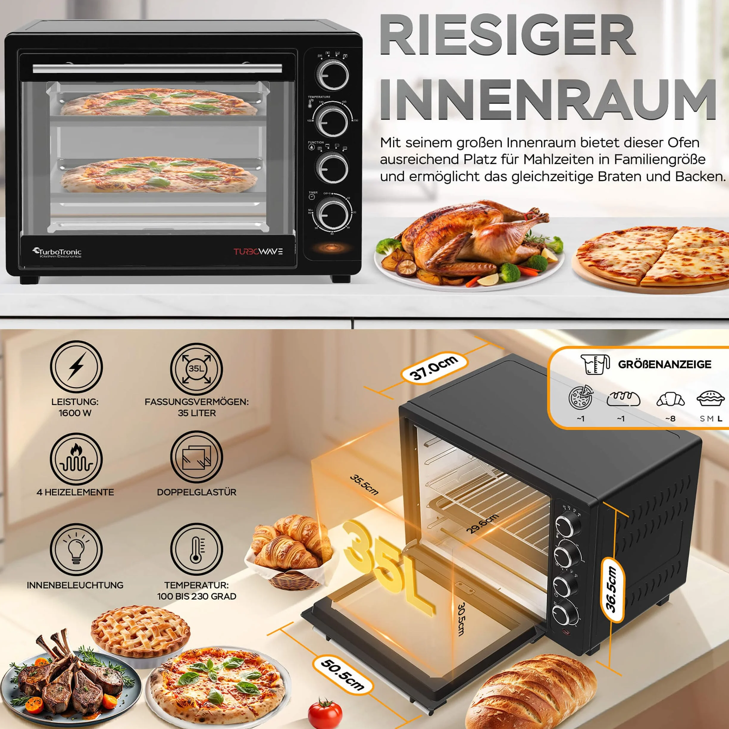 TurboTronic mini piekarnik z termoobiegiem, 35 l, czarny, 1600 W, mini piekarnik z 2 blachami do pieczenia, timer, piec do pizzy, grill
