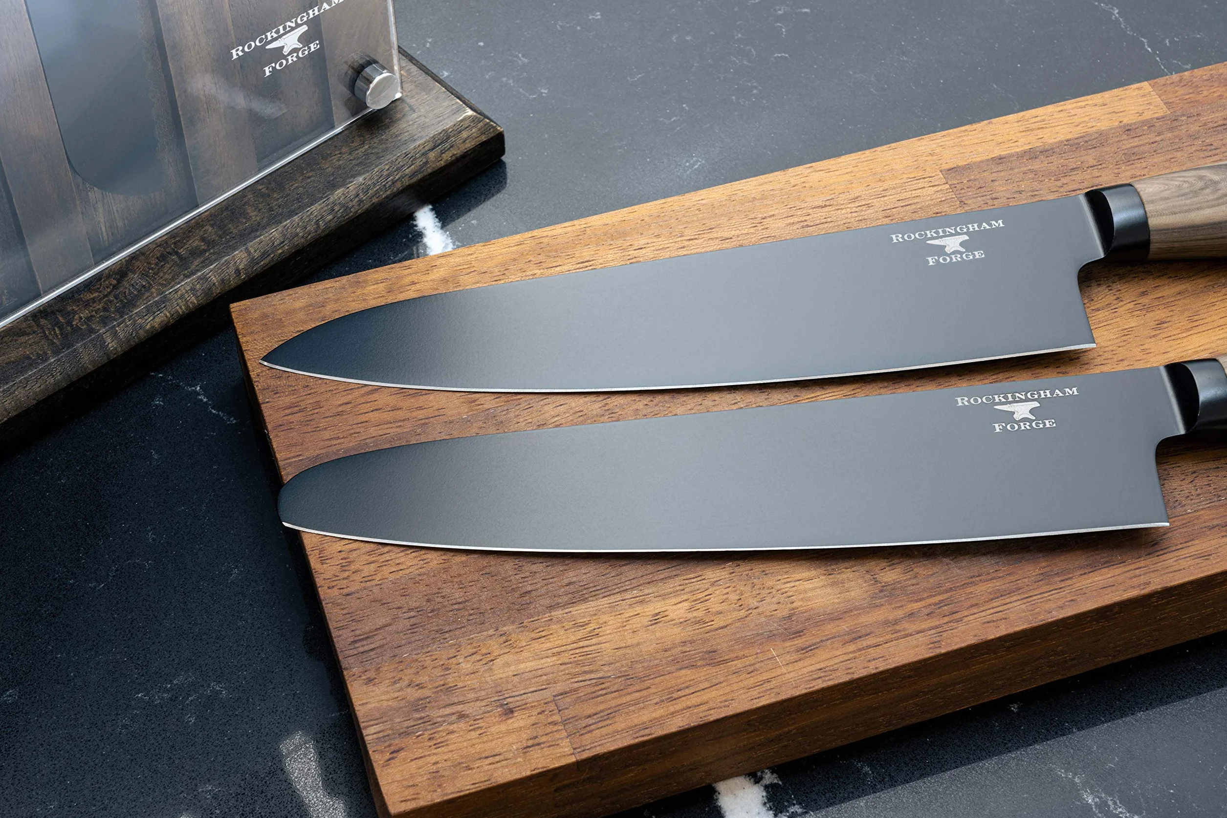 Nóż santoku Rockingham Forge Forester Series 7” - Ostrze ze stali nierdzewnej z czarną powłoką oksydacyjną Ergonomiczna drewniana rękojeść Nóż japoński, RF-6183P
