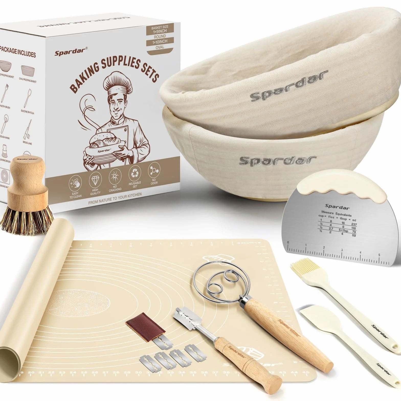 Spardar Zestaw okrągłych koszy na chleb (23 cm i 25 cm) i owalny, w 100% z naturalnego rattanu, z akcesoriami do pieczenia i fermentacji, dostarczany z matą do ugniatania