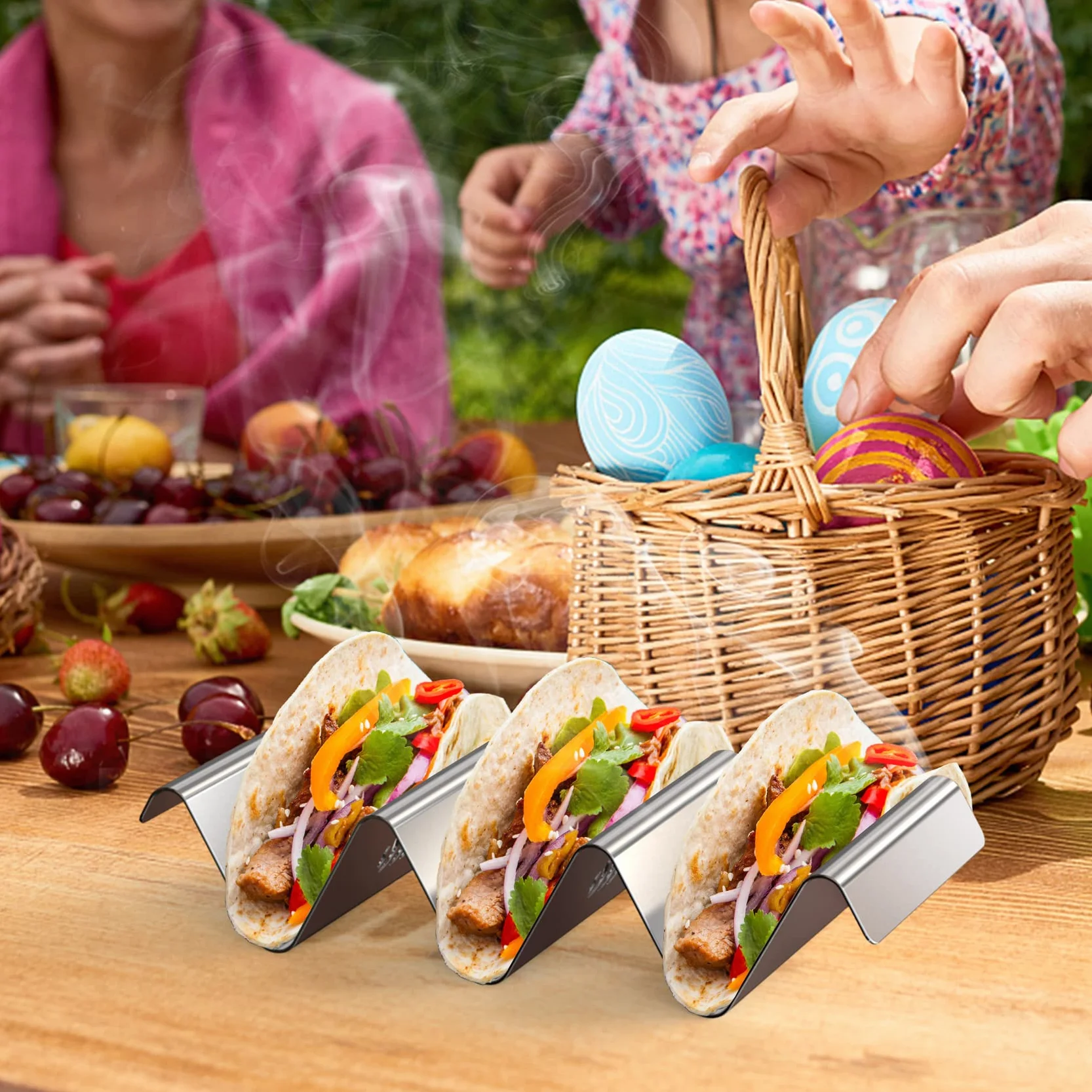 onlyfire Stojak na taco ze stali nierdzewnej, 4 solidne tacki na taco z uchwytami