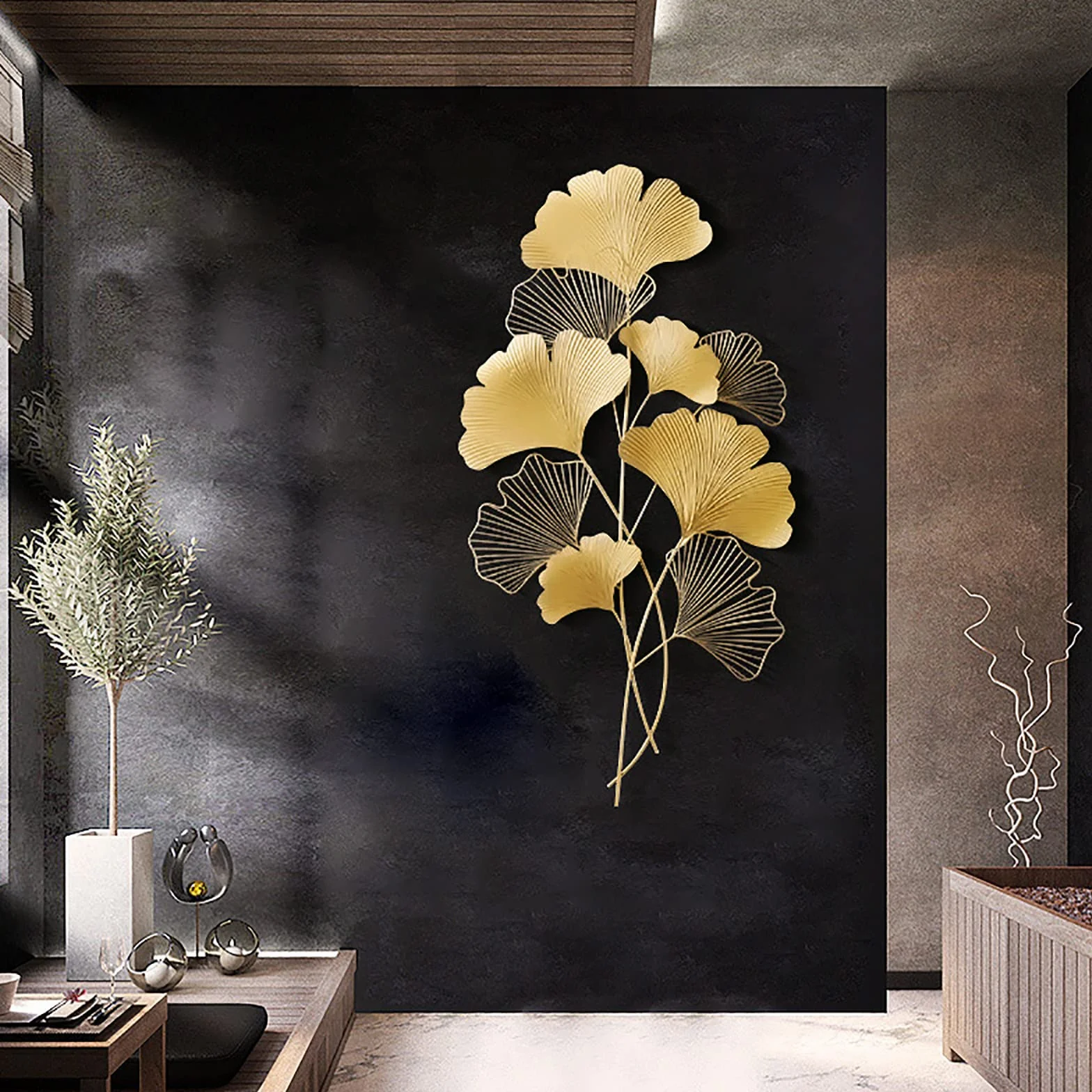 SanBouSi Ginkgo 3D, metalowa dekoracja ścienna, liście, dekoracja ścienna, tło ścienne, dekoracja ścienna do salonu, złota, 110 x 55 cm