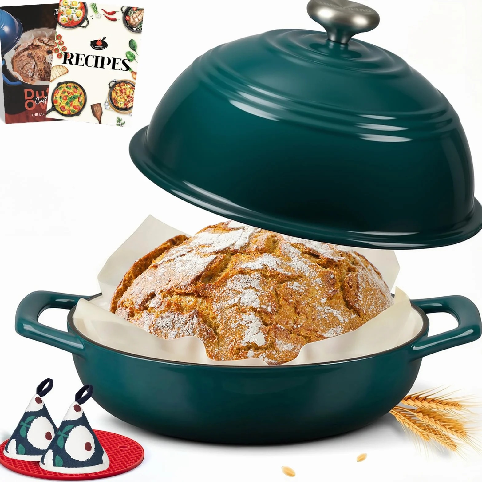 Overmont Emaliowany żeliwny piec do chleba - 6QT holenderski piec do pieczenia chleba na zakwasie - z pokrywką kopułową bawełniane uchwyty do garnków i książką kucharską - wielofunkcyjna patelnia do