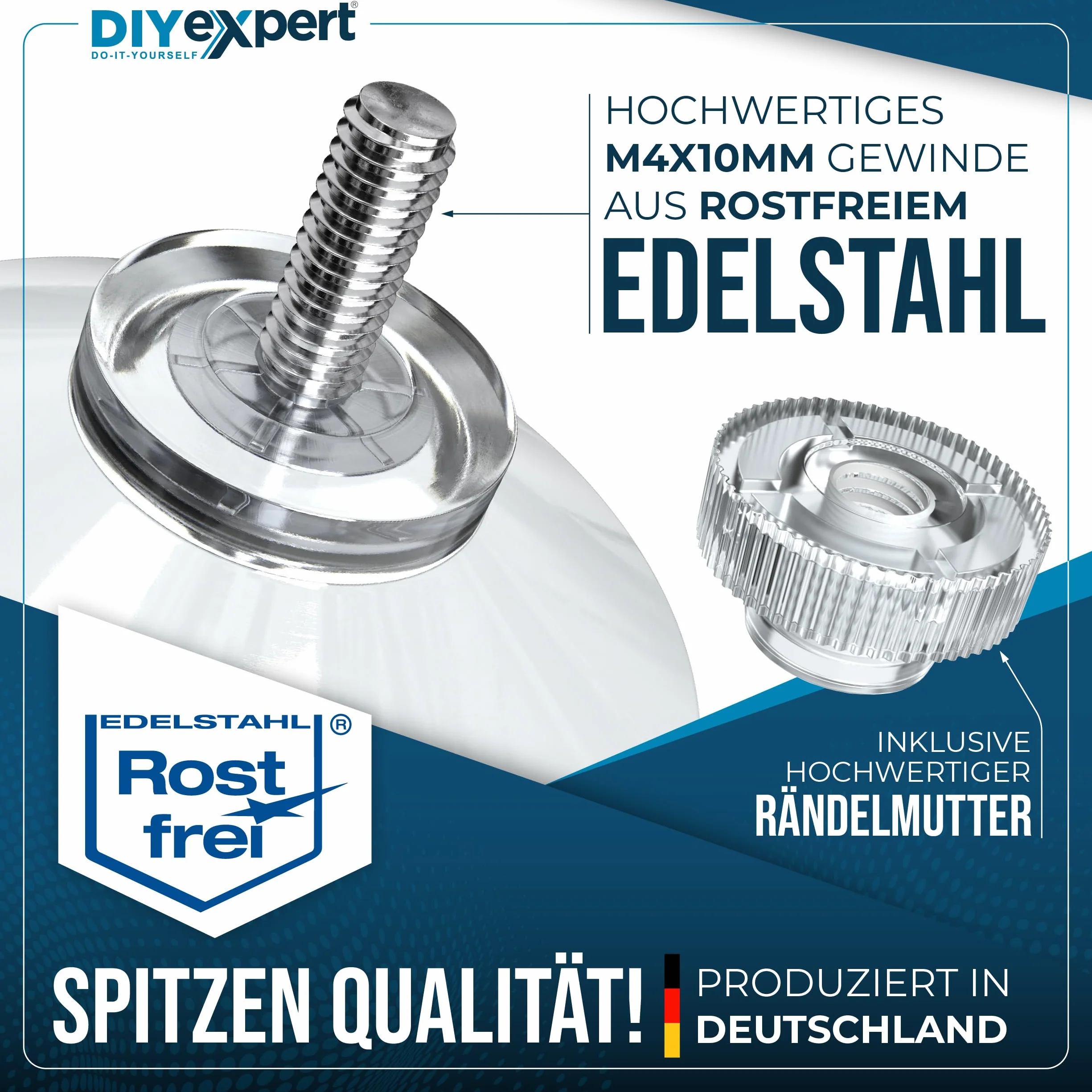 DIYexpert® 20 x przyssawka Ø 40 mm, z gwintem M4 x 10 mm, w zestawie nakrętki radełkowane przezroczyste - wyprodukowano w Niemczech