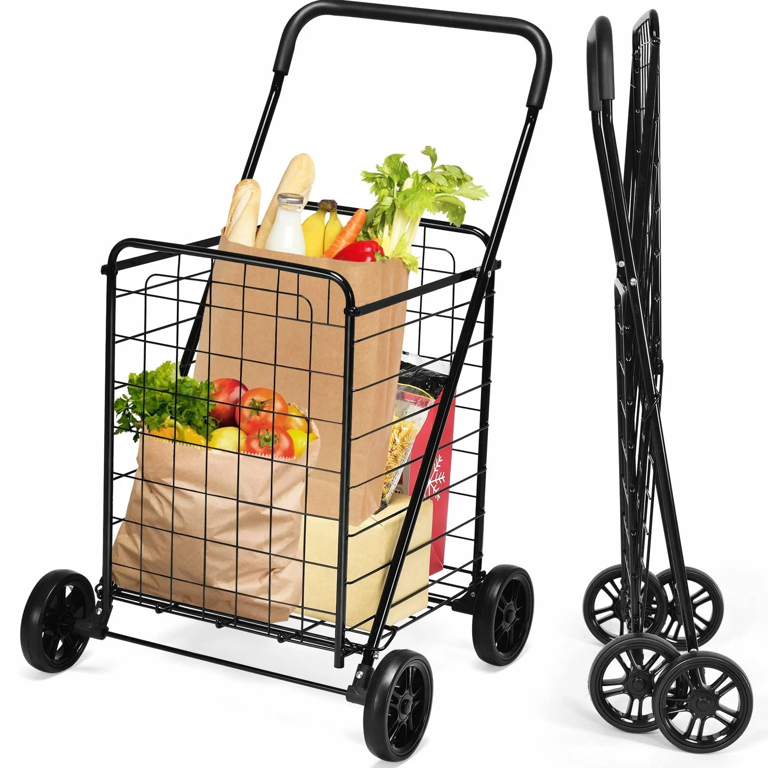 COSTWAY Składany wózek na zakupy, na kółkach, obciążenie 45 kg, 83 l, przenośny wózek ręczny, wózek uniwersalny na pranie, zakupy, bagaż (czarny)