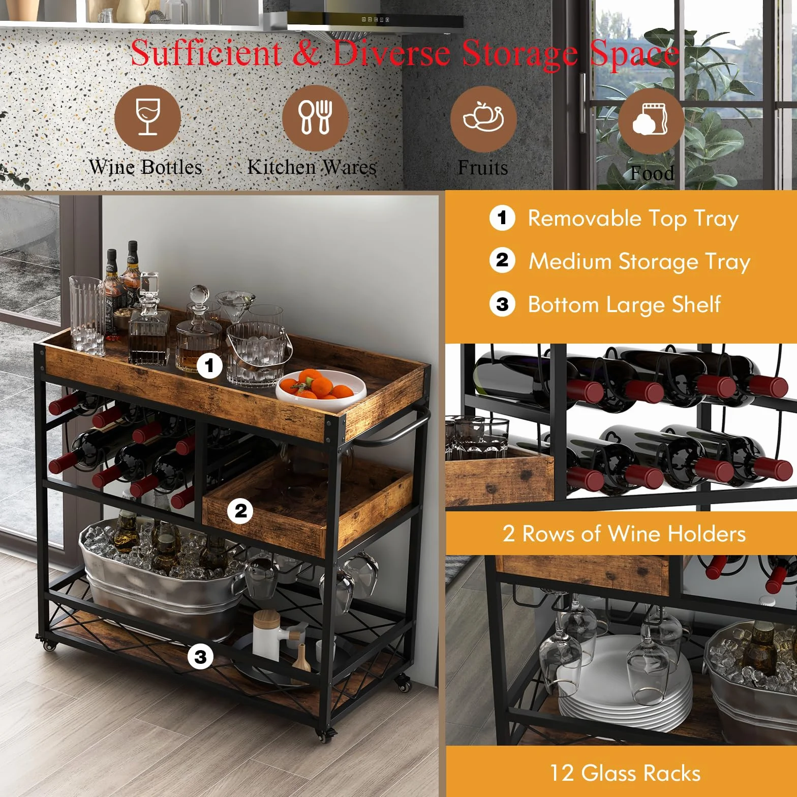 KOMFOTTEU Wózek do serwowania ze zdejmowaną tacą, wózek kuchenny z 8 półkami na wino i uchwytem na szkło, wózek barowy do kuchni, baru, wózek pomocniczy, styl industrialny, 80 x 40 x 83 cm