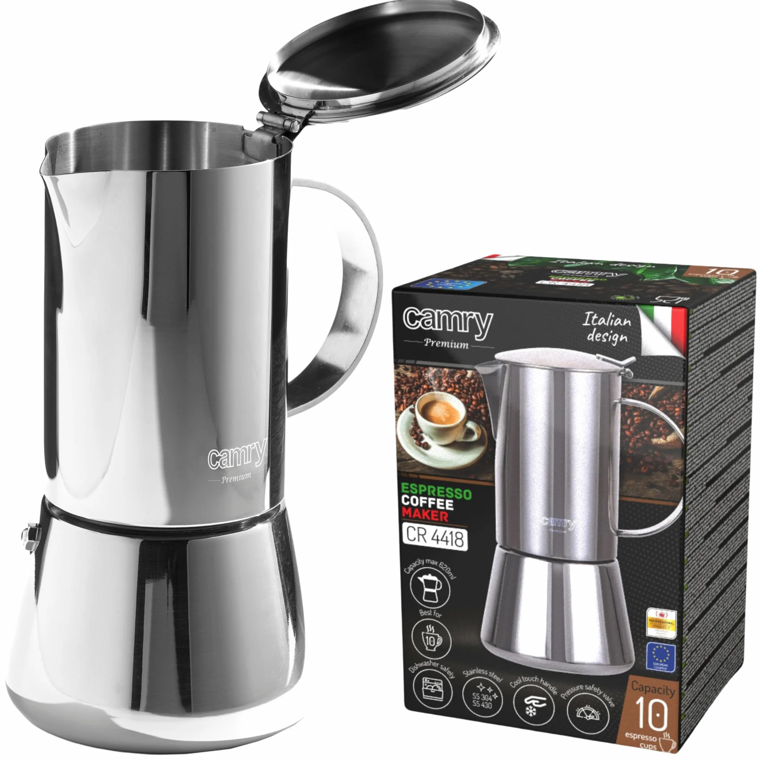 CAMRY - Klasyczny zaparzacz do espresso ze stali nierdzewnej 500 ml - indukcyjny dzbanek do mokki do wszystkich rodzajów płyt grzewczych - przygotowuje 10 filiżanek espresso - izolowany termicznie