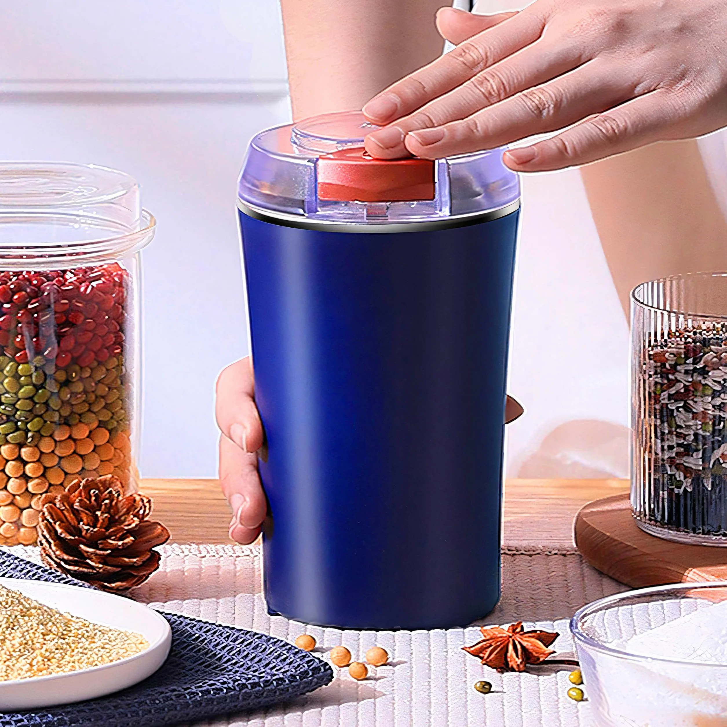 Retoo Elektryczny młynek do kawy z nożem udarowym i stalą nierdzewną, ceramiczny mechanizm mielący, regulowana grubość, espresso, French Press, kawiarnia