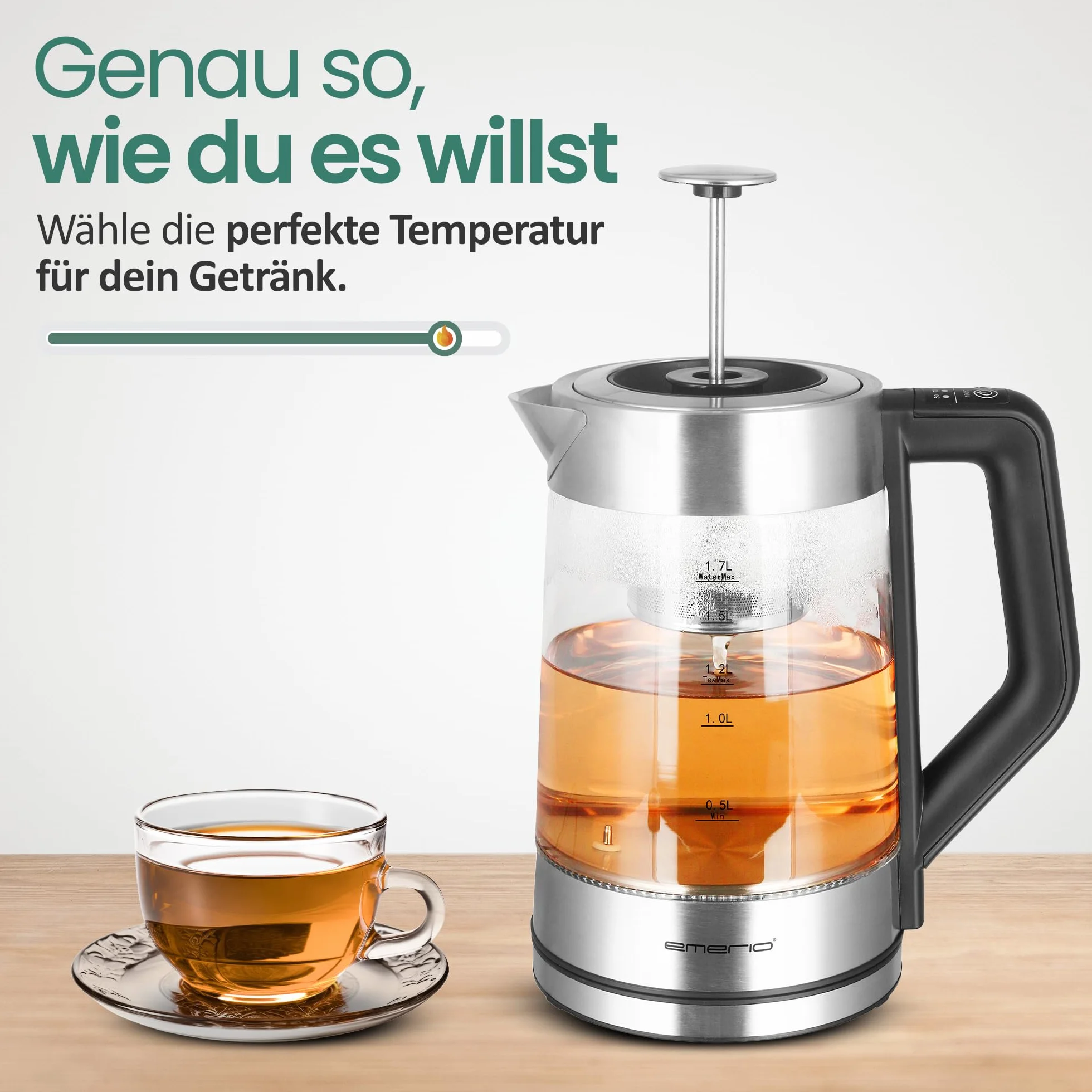 Emerio WK-122730 szklany zaparzacz do herbaty z wyborem temperatury 50-100°C, czajnik, sitko ze stali nierdzewnej, szkło borokrzemowe, BPA free