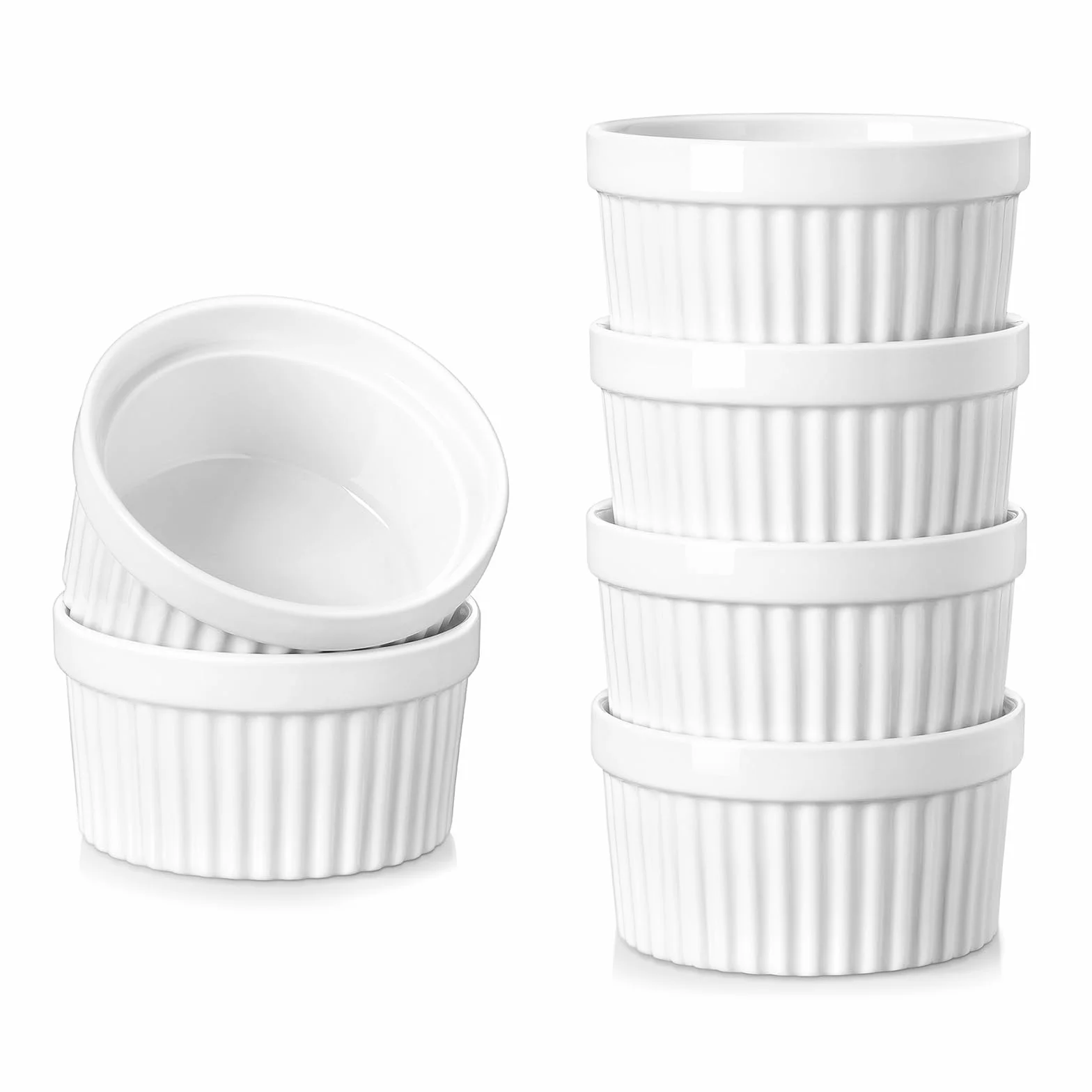 vancasso Ramekins 113 g, zestaw 6 naczyń do sufletu, biała porcelana, kremowe ramekiny, kubki do pieczenia pudddingu, owoców, dipów, zmywarki i piekarnika
