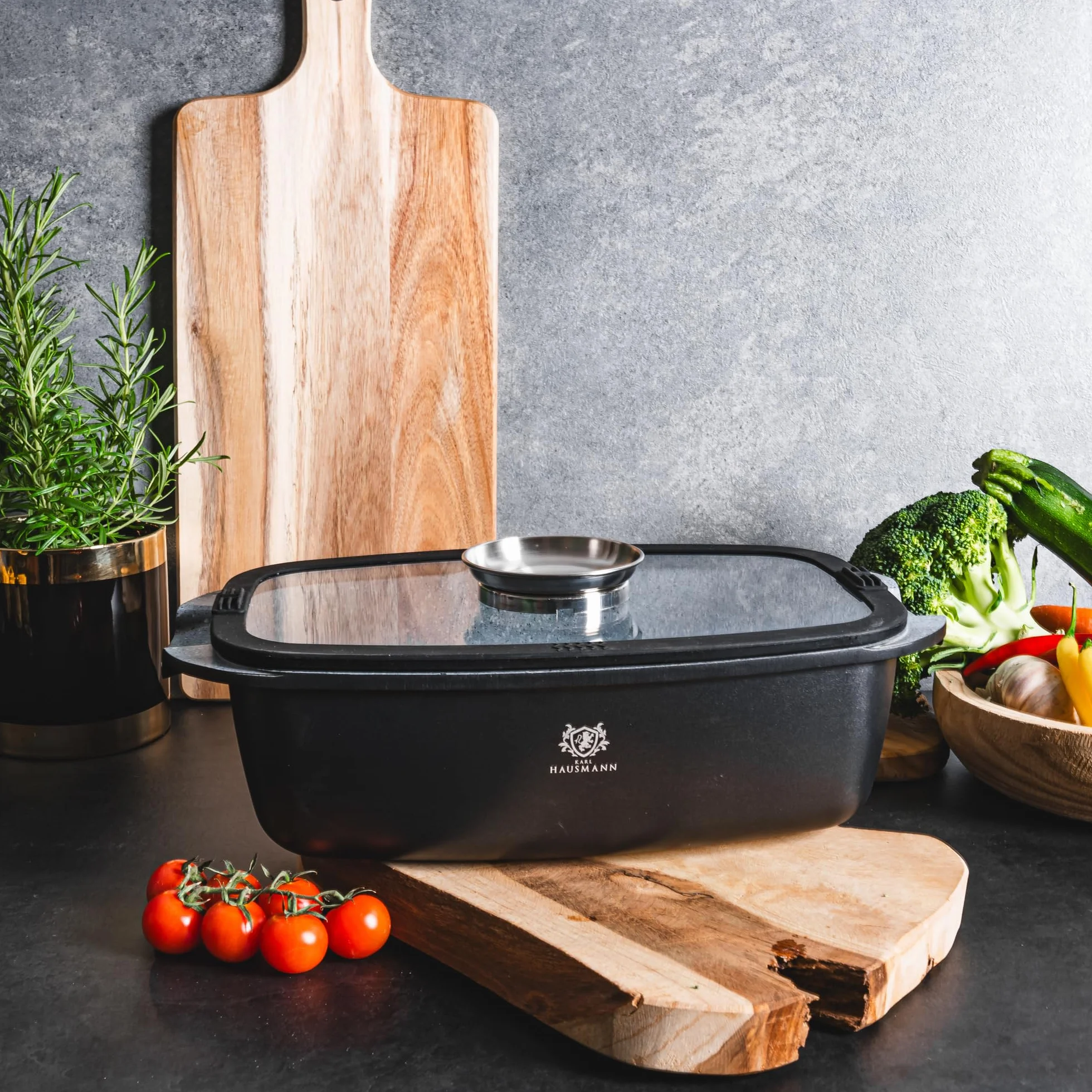 KARL HAUSMANN Duża Brytfanna Gęsiarka Granitowa - 5.5L - z Pokrywą i Dozownikiem Aromatu - Powłoka Nieprzywierająca do Gotowania bez Tłuszczu - Kompatybilny ze Wszystkimi Kuchenkami